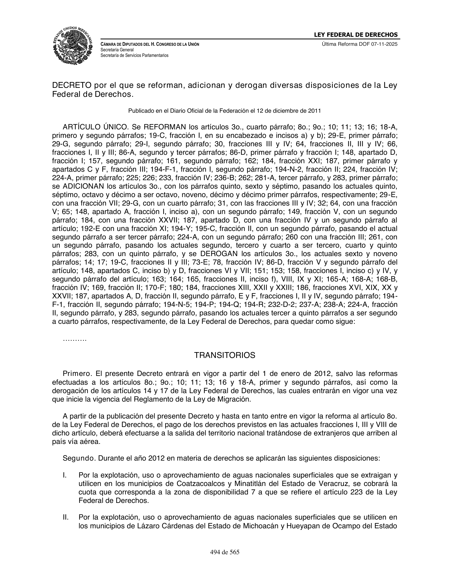 Ley Federal de Derechos — official Chamber compilation — original physical page 494 of 565; complete original page image governs, native search text may be incomplete.