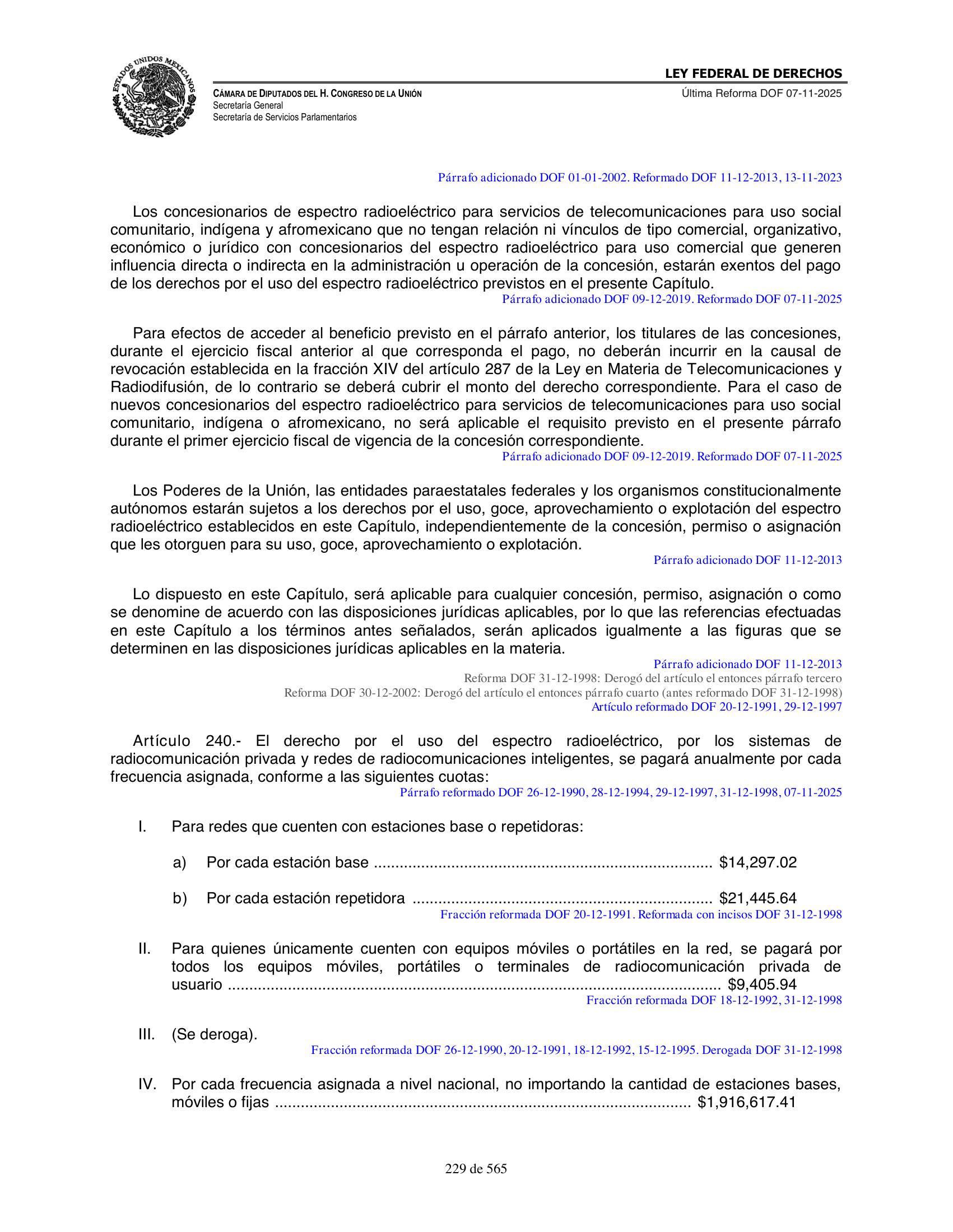Ley Federal de Derechos — official Chamber compilation — original physical page 229 of 565; complete original page image governs, native search text may be incomplete.