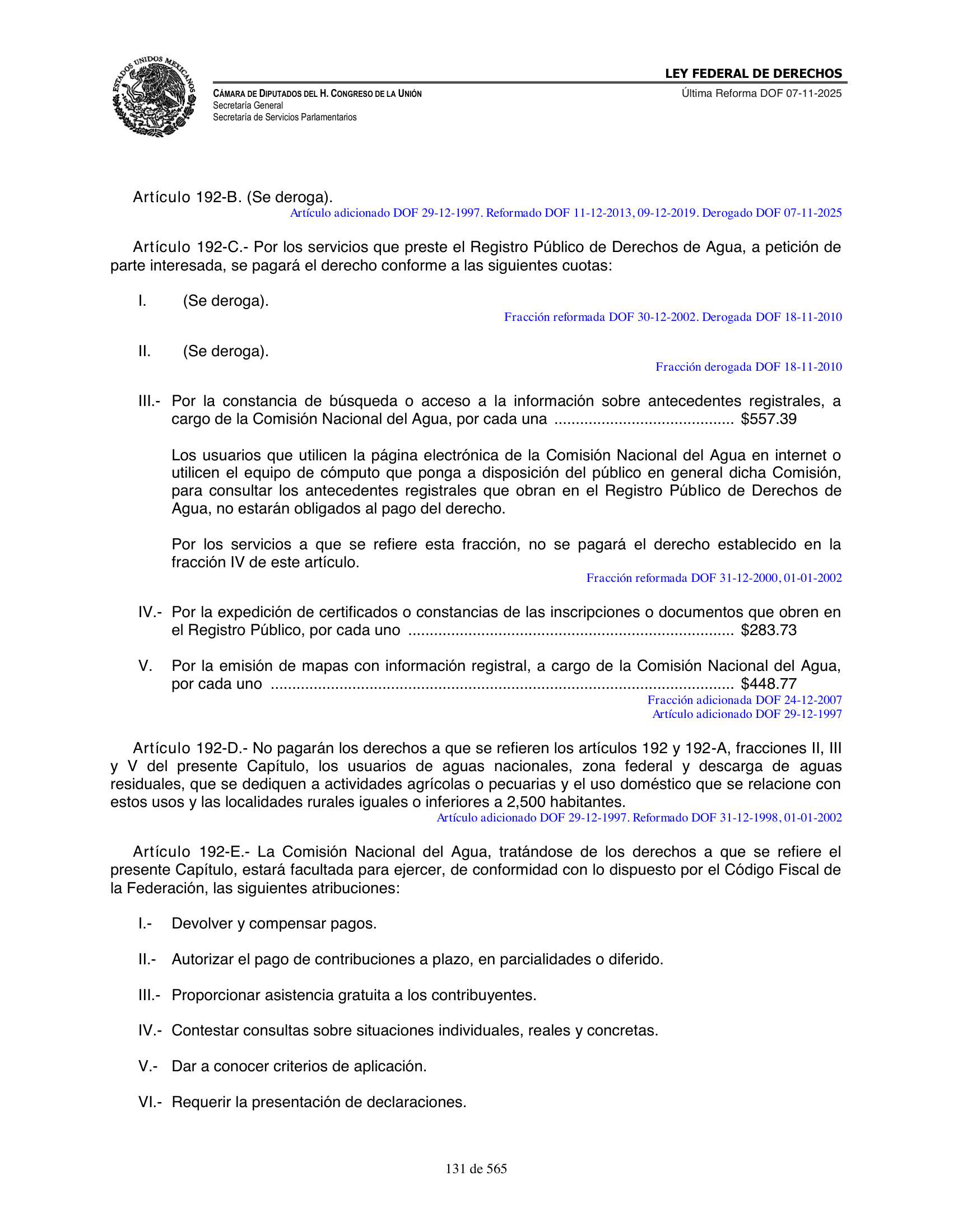 Ley Federal de Derechos — official Chamber compilation — original physical page 131 of 565; complete original page image governs, native search text may be incomplete.