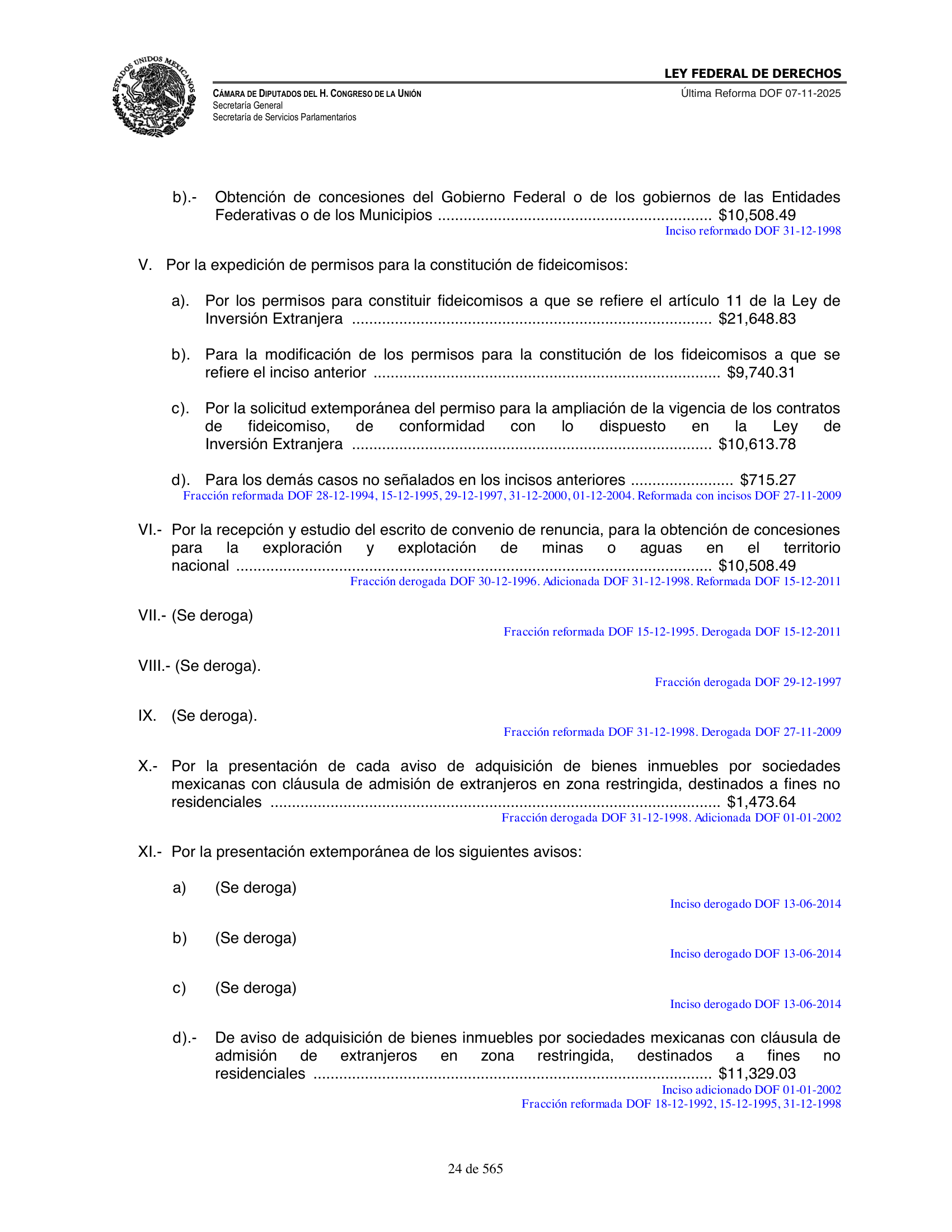 Ley Federal de Derechos — official Chamber compilation — original physical page 24 of 565; complete original page image governs, native search text may be incomplete.