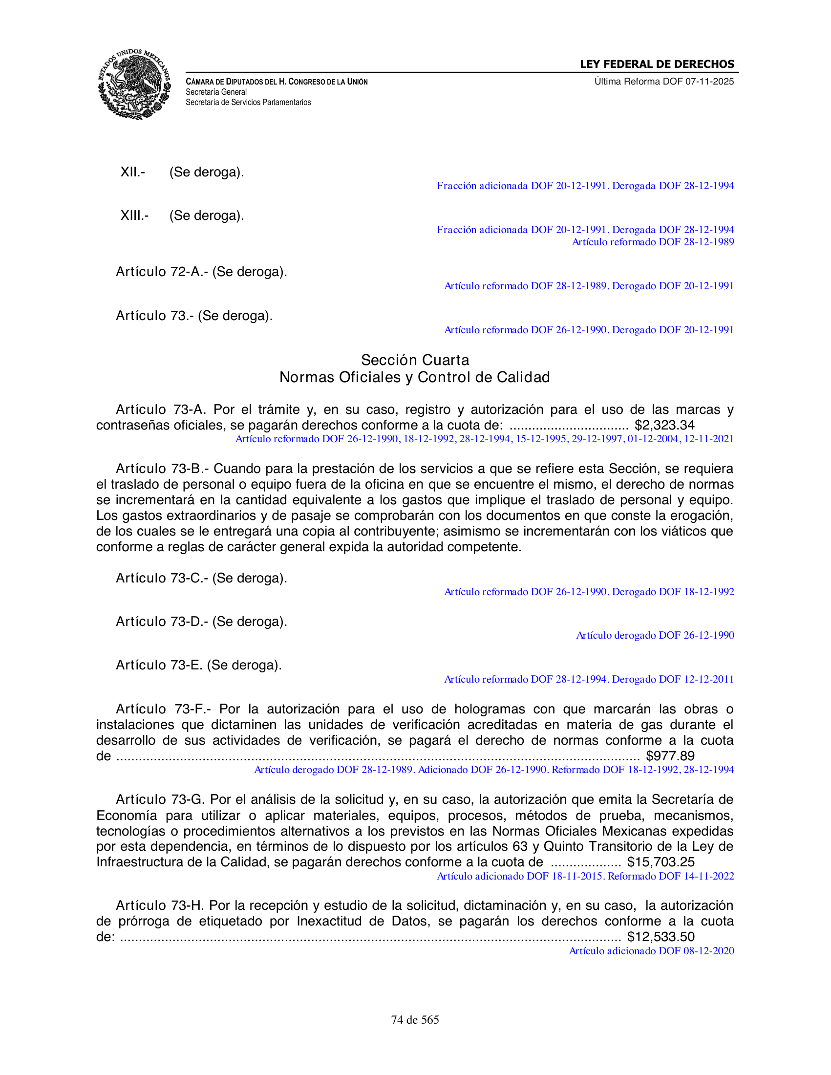 Ley Federal de Derechos — official Chamber compilation — original physical page 74 of 565; complete original page image governs, native search text may be incomplete.