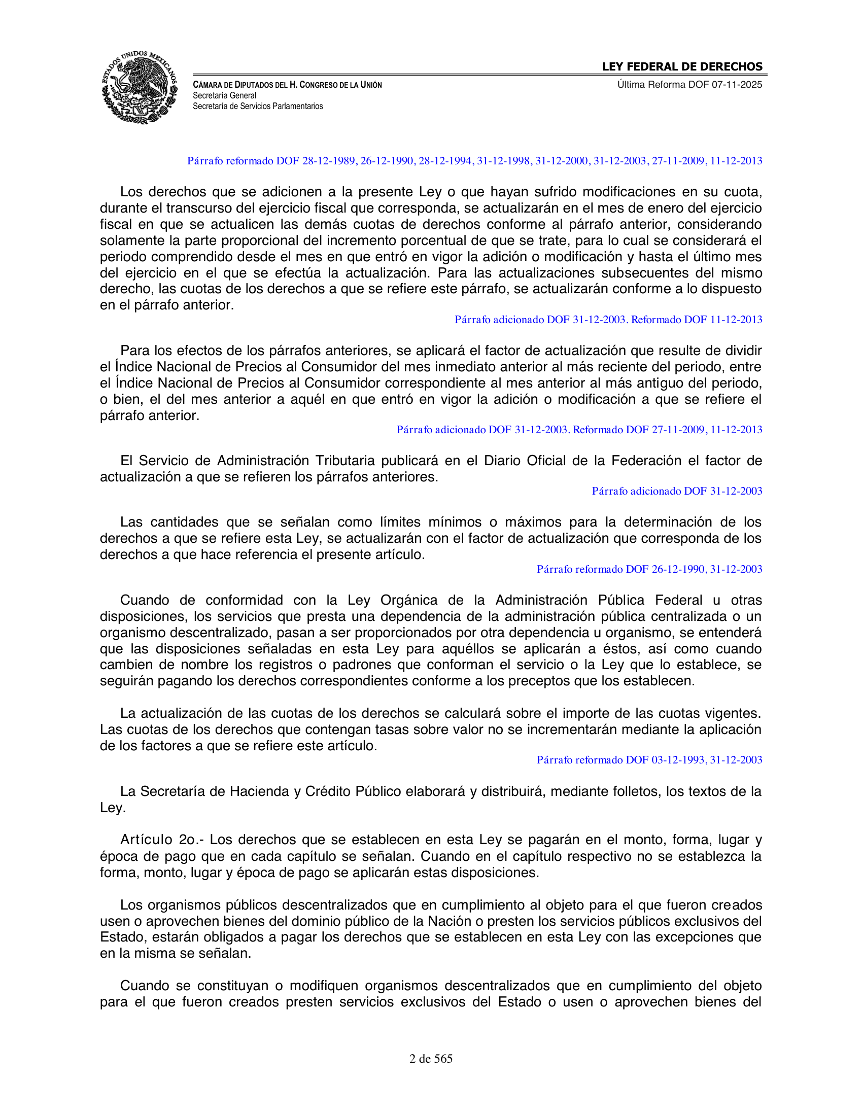 Ley Federal de Derechos — official Chamber compilation — original physical page 2 of 565; complete original page image governs, native search text may be incomplete.