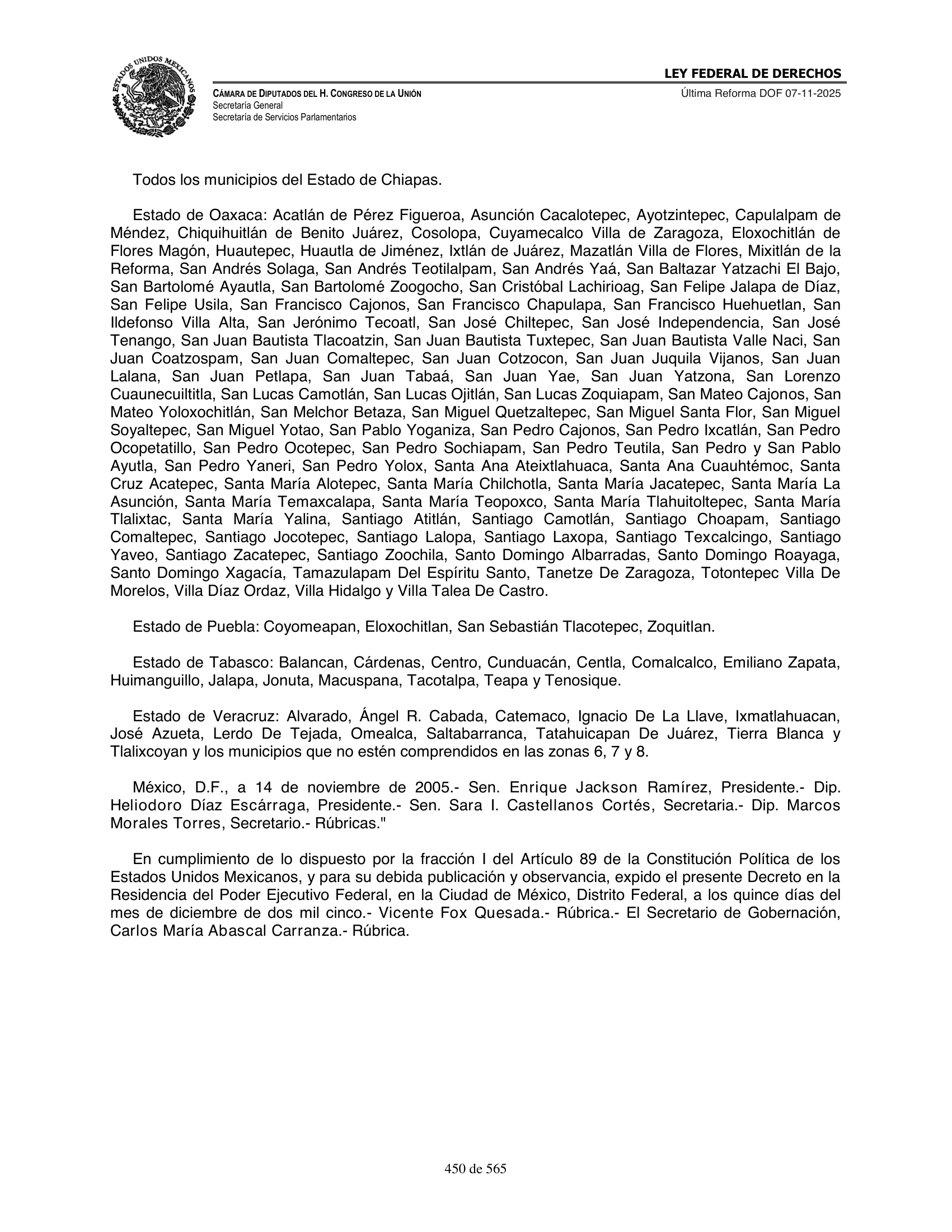 Ley Federal de Derechos — official Chamber compilation — original physical page 450 of 565; complete original page image governs, native search text may be incomplete.
