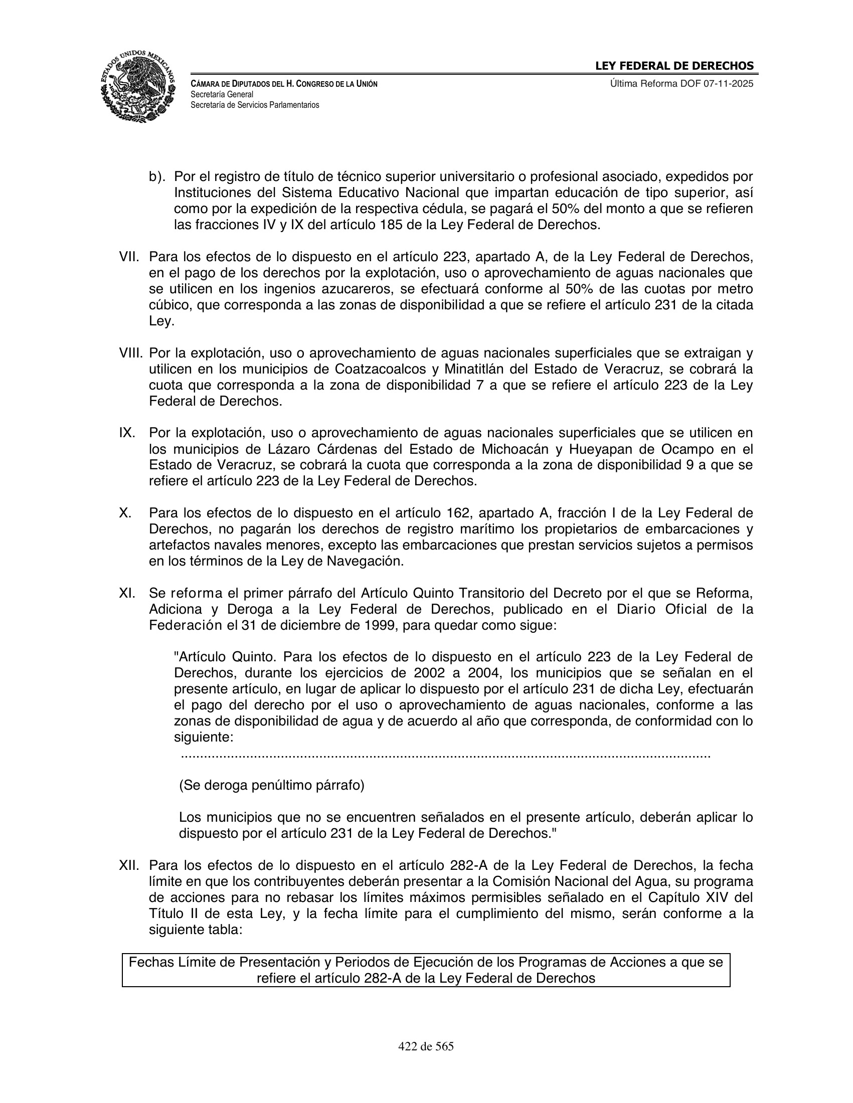 Ley Federal de Derechos — official Chamber compilation — original physical page 422 of 565; complete original page image governs, native search text may be incomplete.