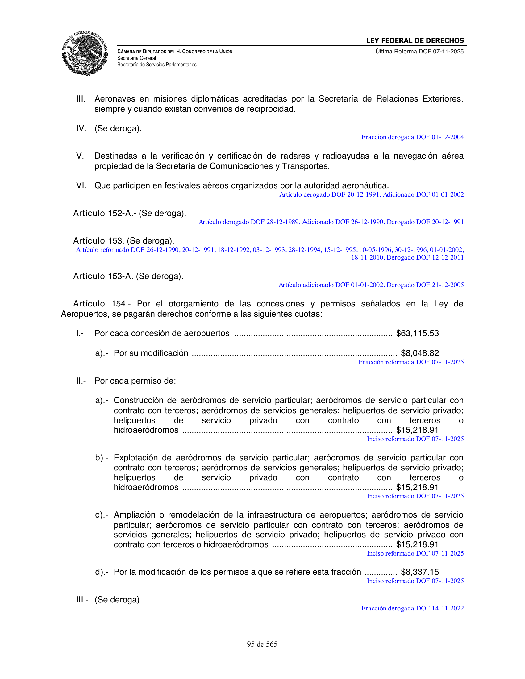 Ley Federal de Derechos — official Chamber compilation — original physical page 95 of 565; complete original page image governs, native search text may be incomplete.