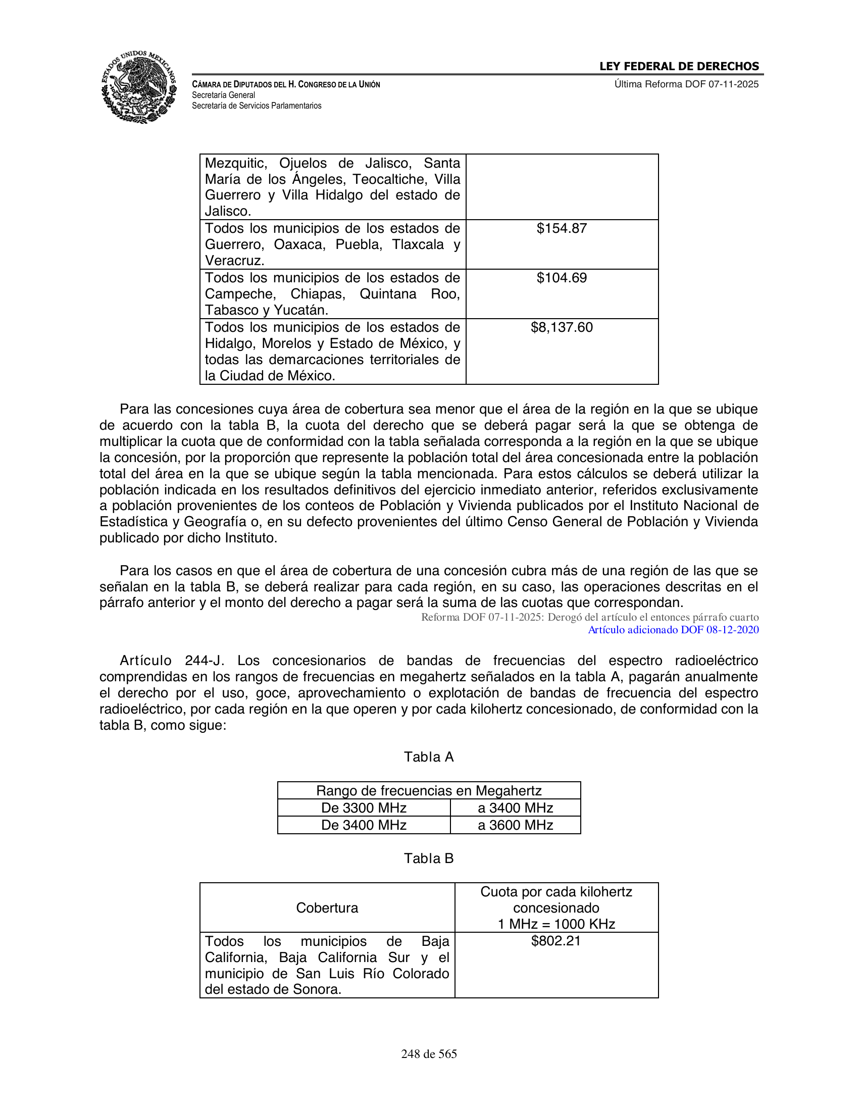 Ley Federal de Derechos — official Chamber compilation — original physical page 248 of 565; complete original page image governs, native search text may be incomplete.