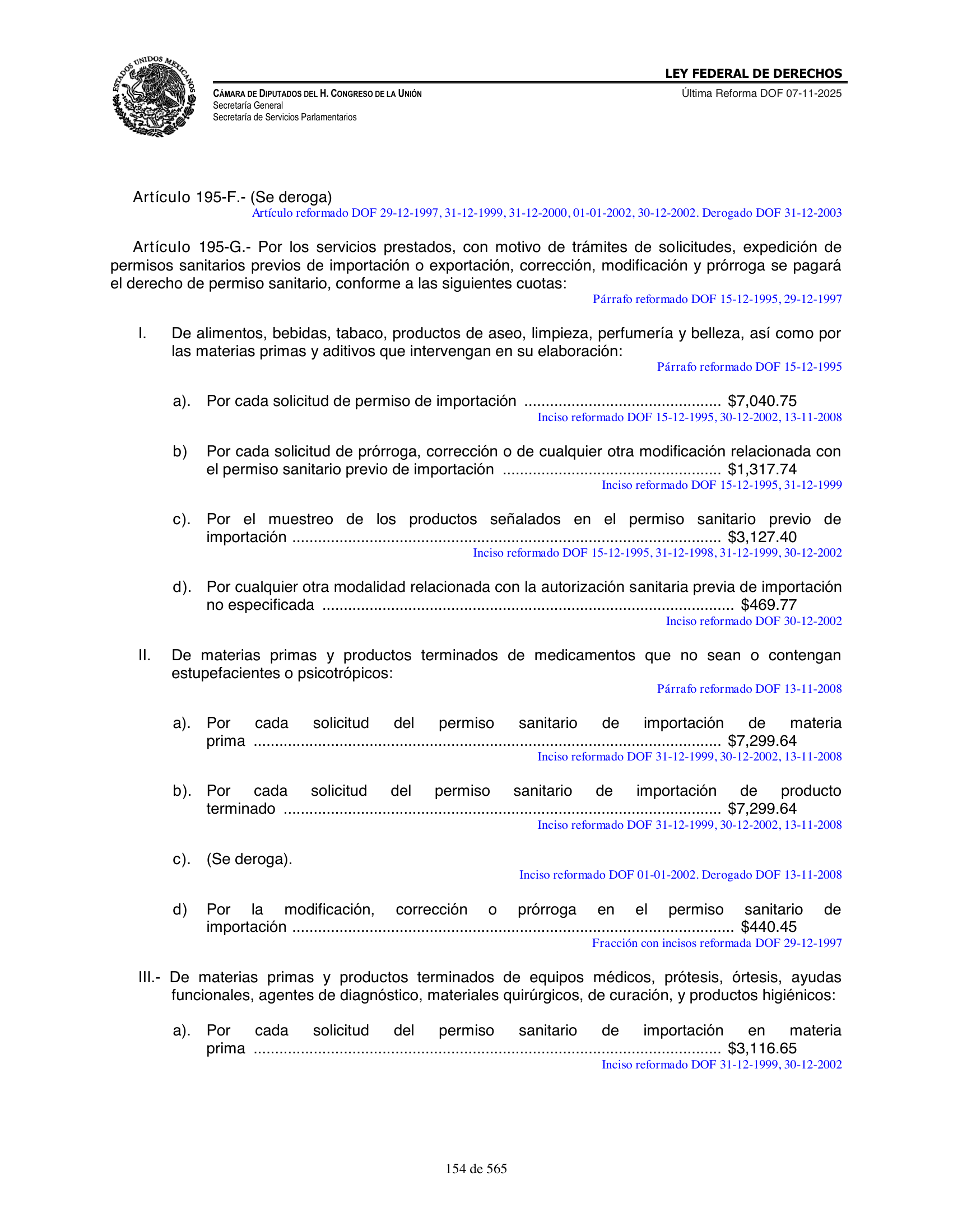 Ley Federal de Derechos — official Chamber compilation — original physical page 154 of 565; complete original page image governs, native search text may be incomplete.