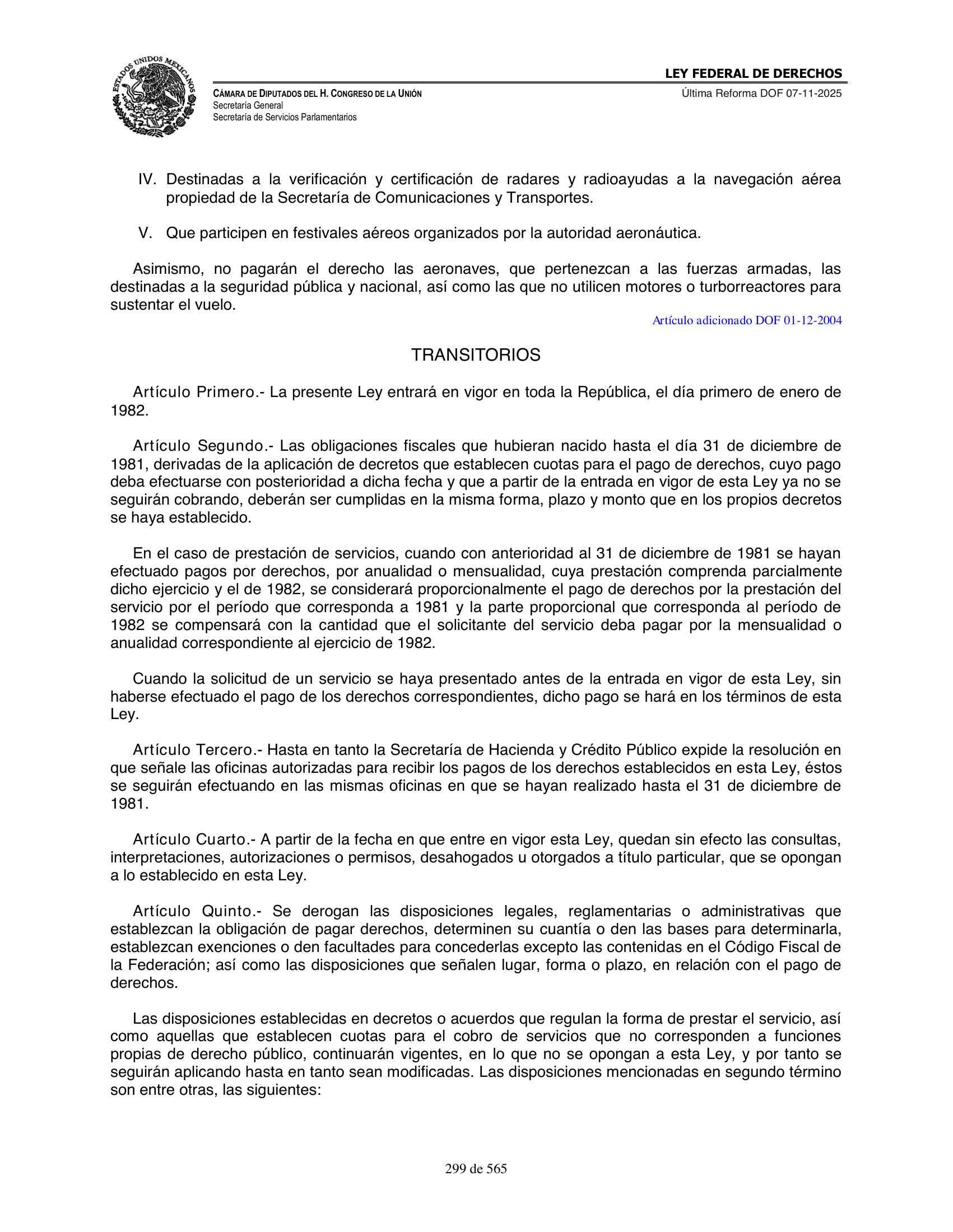Ley Federal de Derechos — official Chamber compilation — original physical page 299 of 565; complete original page image governs, native search text may be incomplete.
