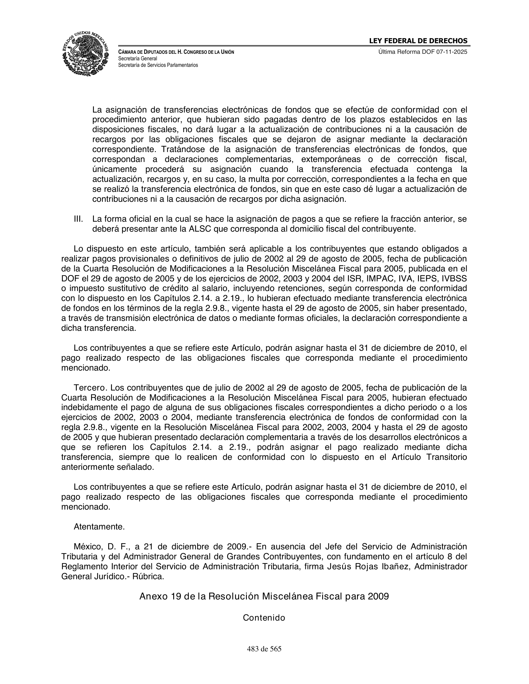 Ley Federal de Derechos — official Chamber compilation — original physical page 483 of 565; complete original page image governs, native search text may be incomplete.