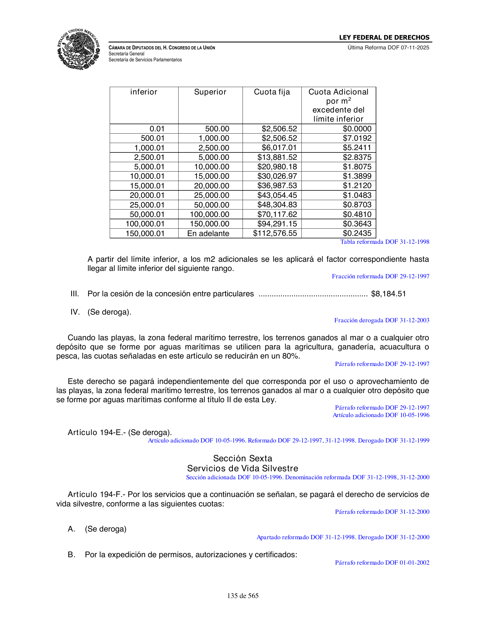 Ley Federal de Derechos — official Chamber compilation — original physical page 135 of 565; complete original page image governs, native search text may be incomplete.