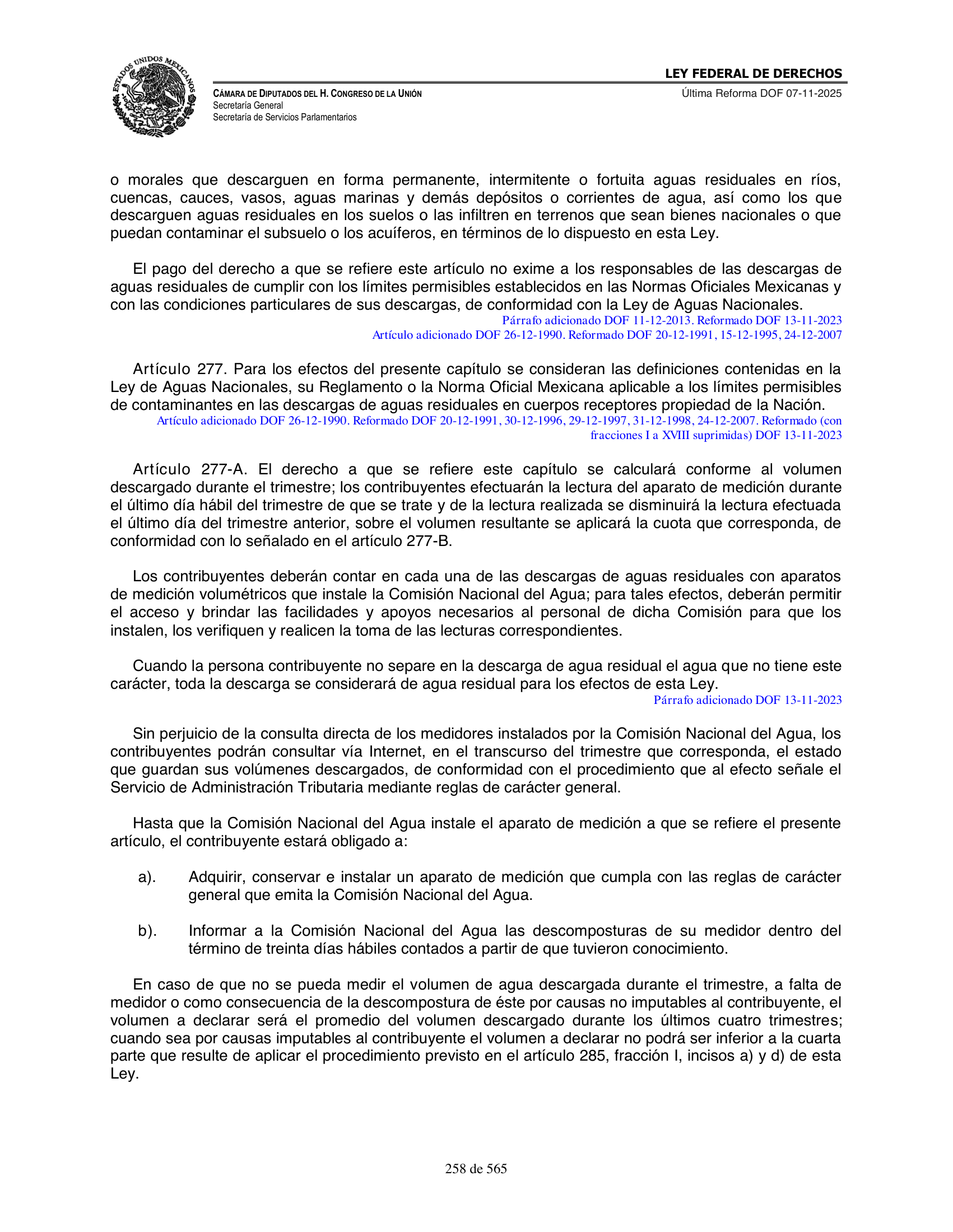 Ley Federal de Derechos — official Chamber compilation — original physical page 258 of 565; complete original page image governs, native search text may be incomplete.