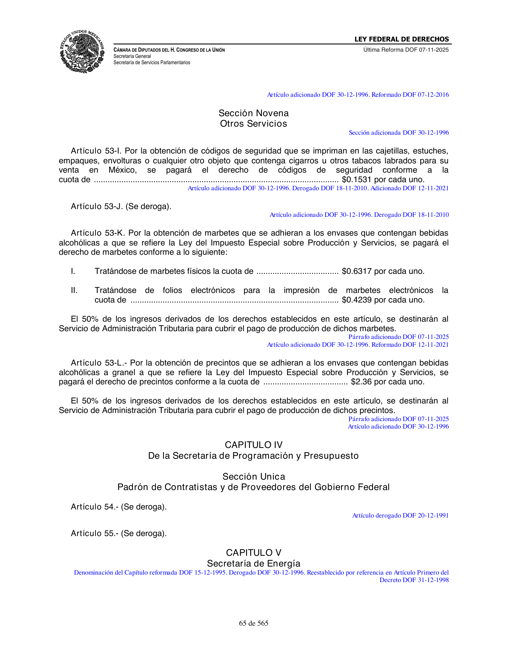 Ley Federal de Derechos — official Chamber compilation — original physical page 65 of 565; complete original page image governs, native search text may be incomplete.