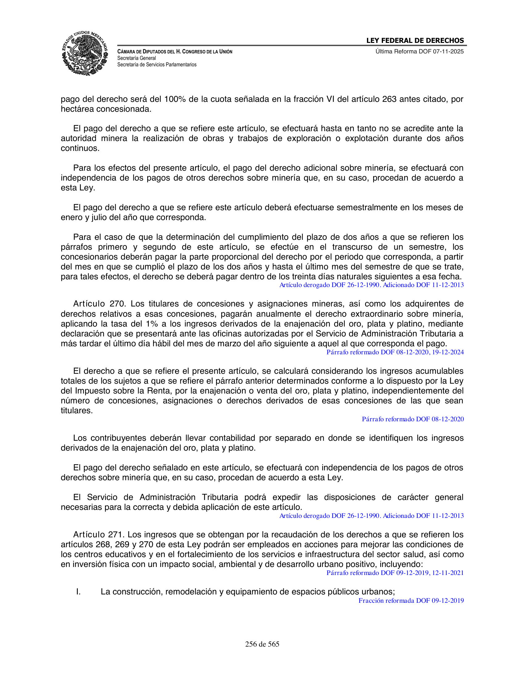 Ley Federal de Derechos — official Chamber compilation — original physical page 256 of 565; complete original page image governs, native search text may be incomplete.