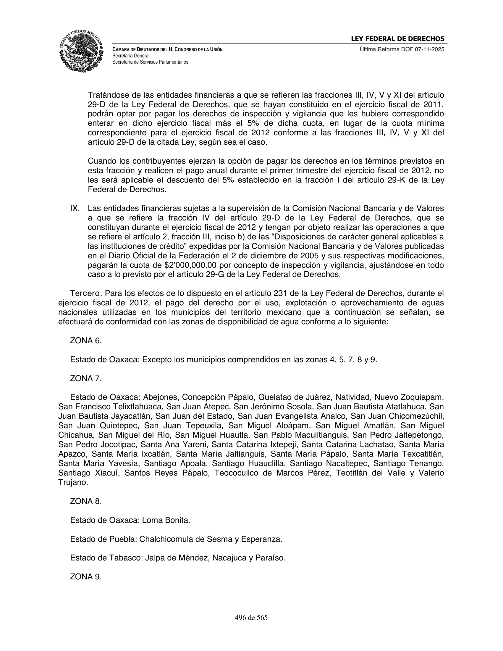 Ley Federal de Derechos — official Chamber compilation — original physical page 496 of 565; complete original page image governs, native search text may be incomplete.