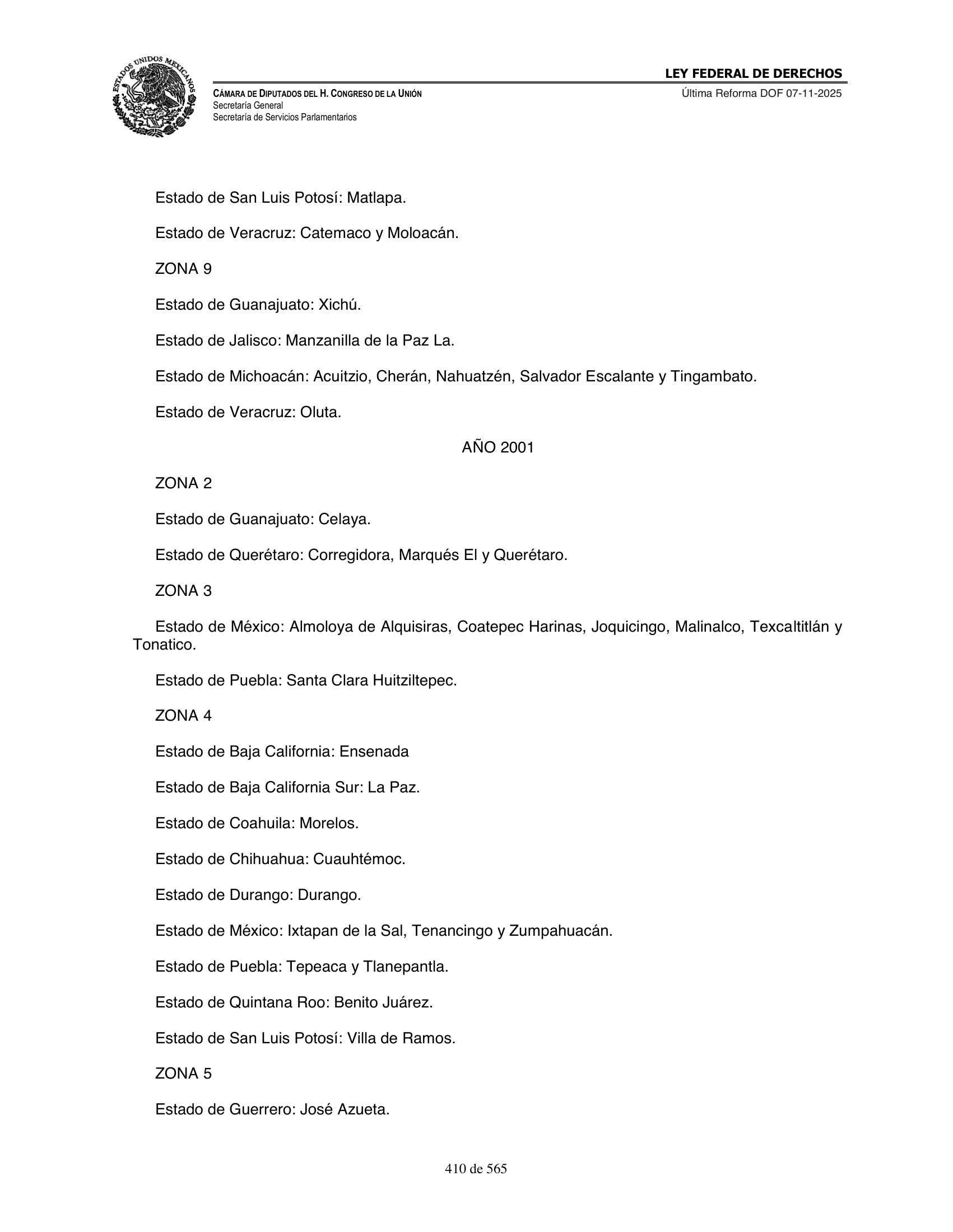 Ley Federal de Derechos — official Chamber compilation — original physical page 410 of 565; complete original page image governs, native search text may be incomplete.