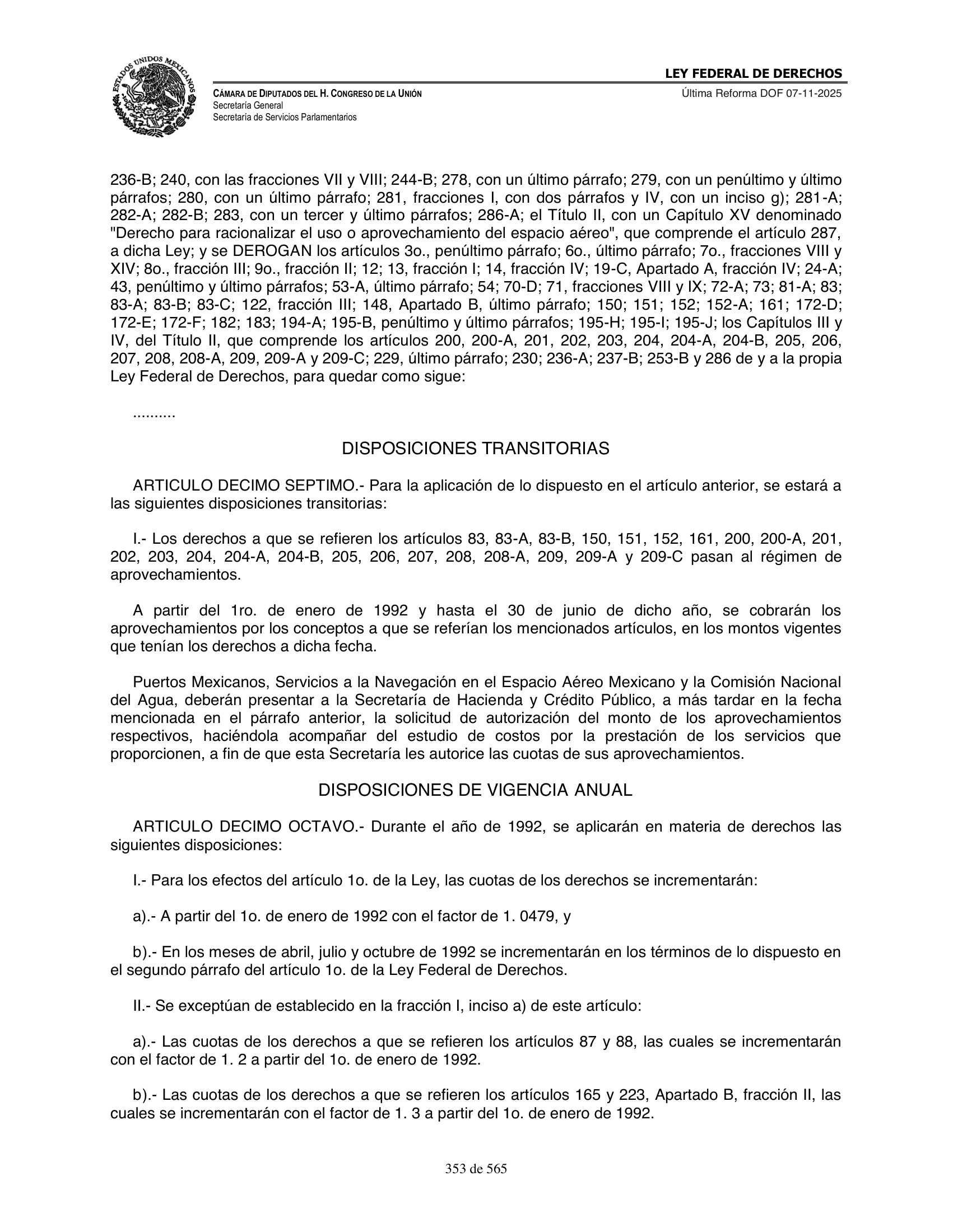 Ley Federal de Derechos — official Chamber compilation — original physical page 353 of 565; complete original page image governs, native search text may be incomplete.