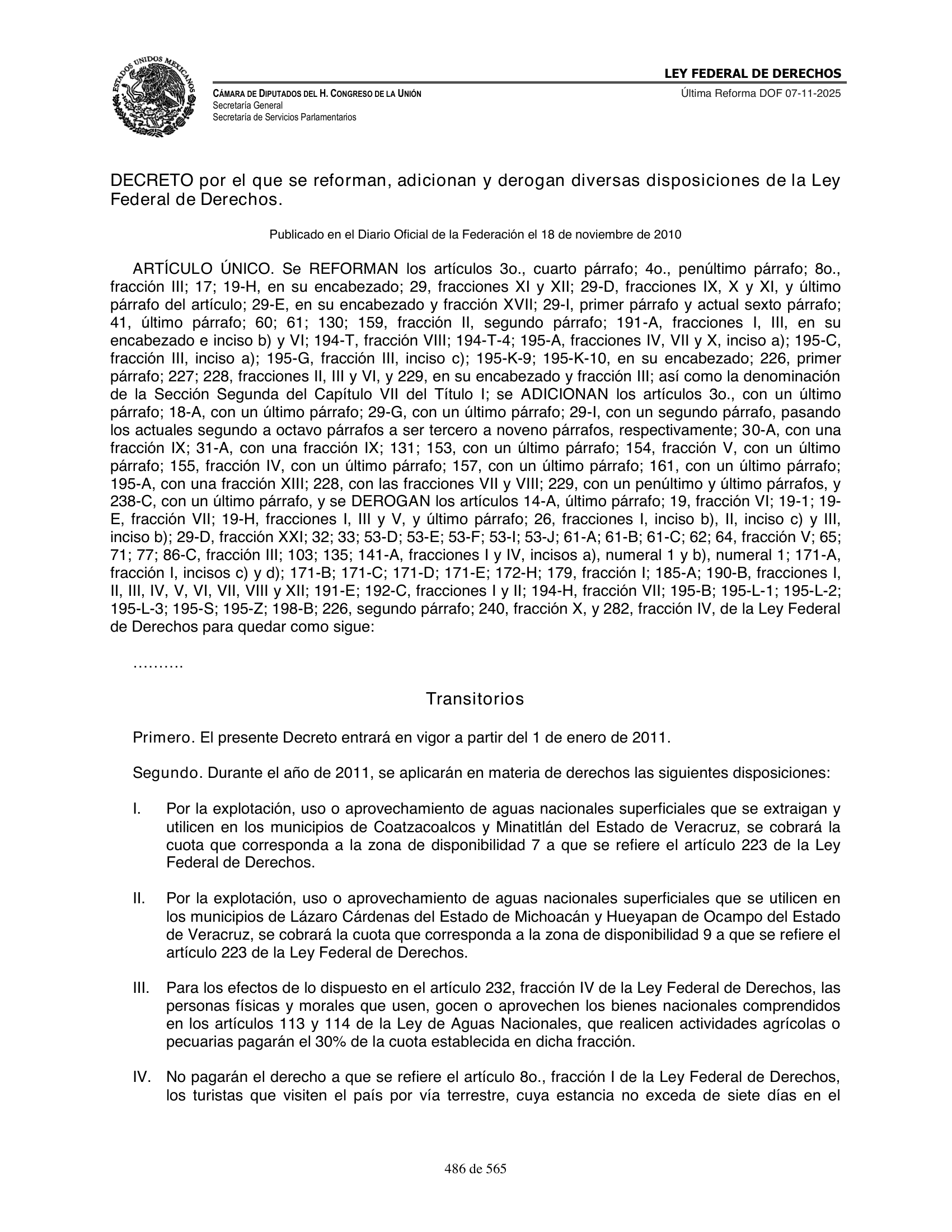 Ley Federal de Derechos — official Chamber compilation — original physical page 486 of 565; complete original page image governs, native search text may be incomplete.