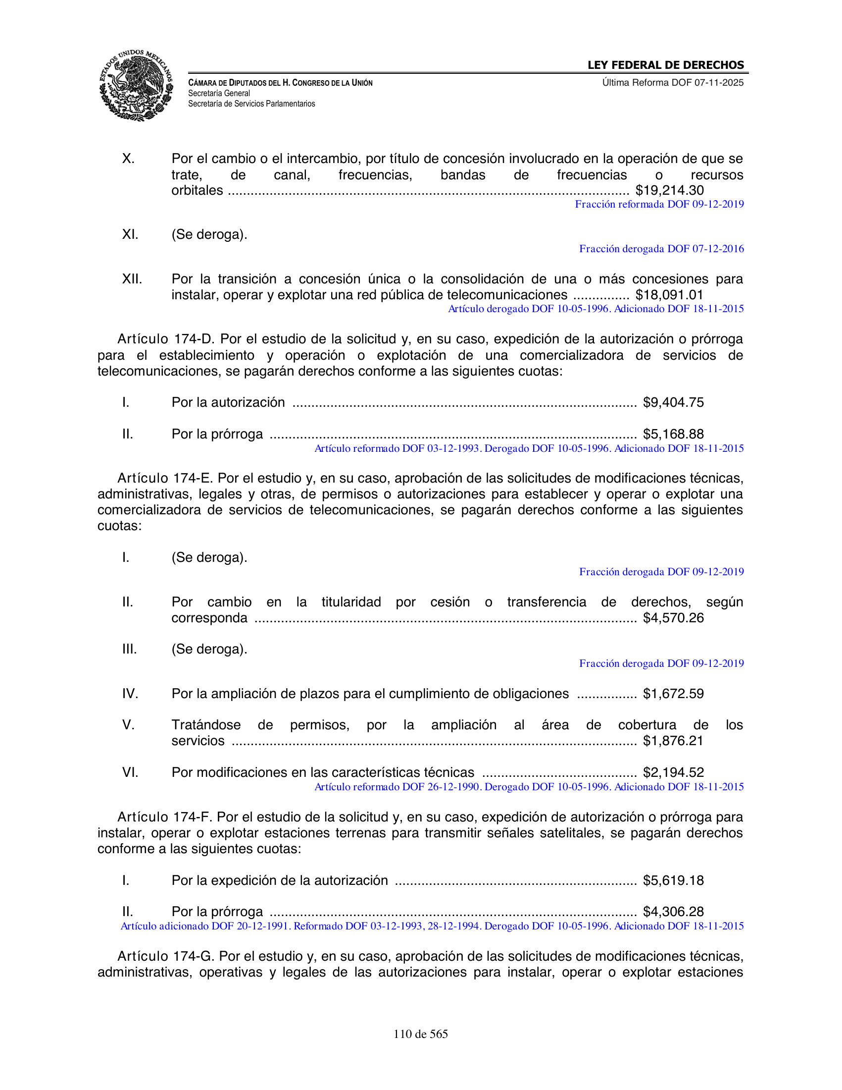 Ley Federal de Derechos — official Chamber compilation — original physical page 110 of 565; complete original page image governs, native search text may be incomplete.