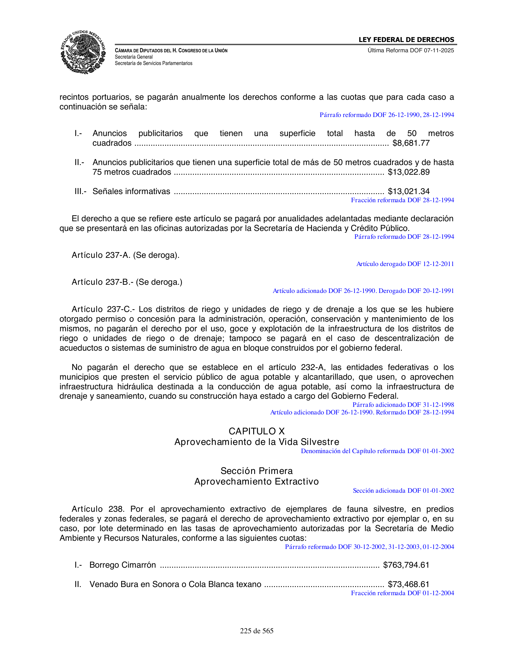 Ley Federal de Derechos — official Chamber compilation — original physical page 225 of 565; complete original page image governs, native search text may be incomplete.