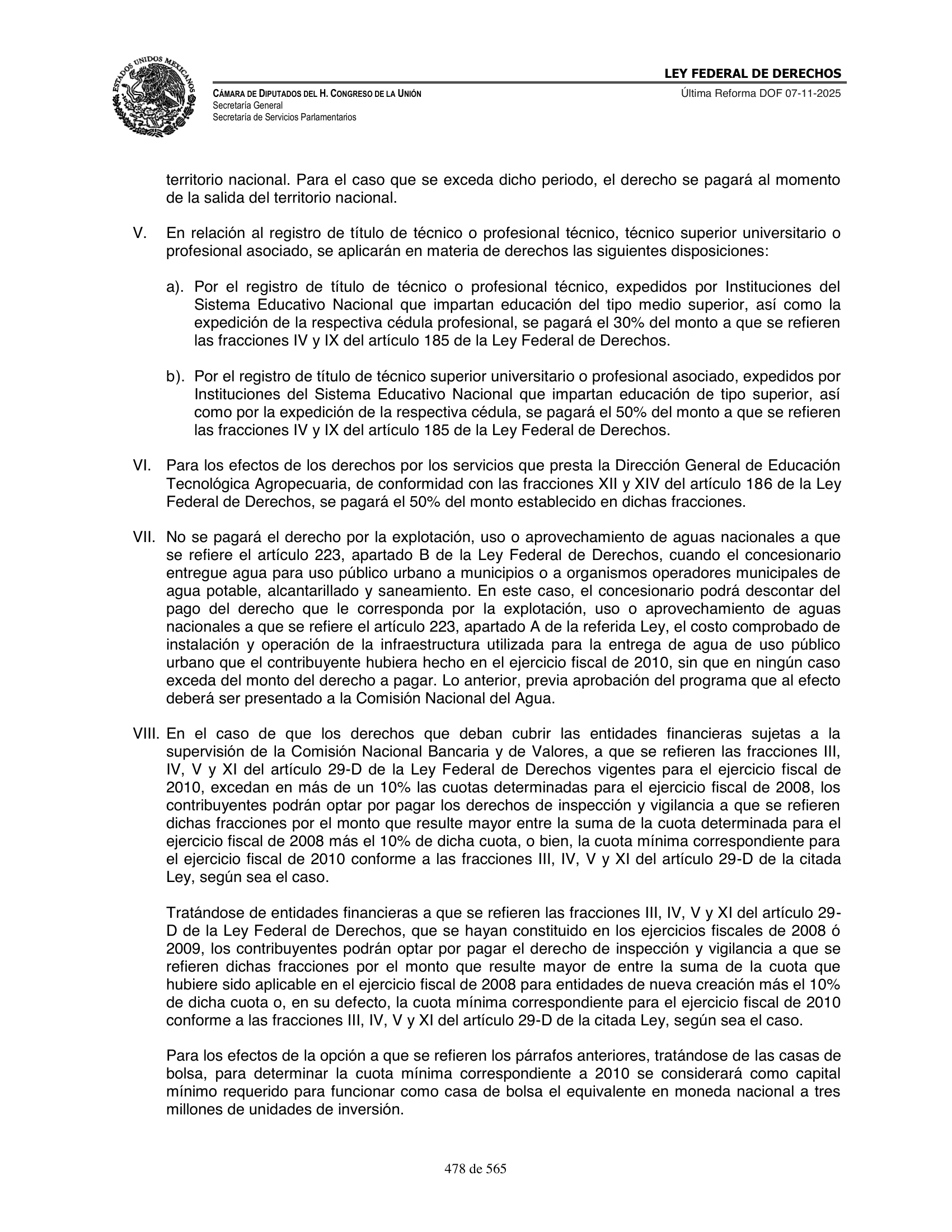 Ley Federal de Derechos — official Chamber compilation — original physical page 478 of 565; complete original page image governs, native search text may be incomplete.