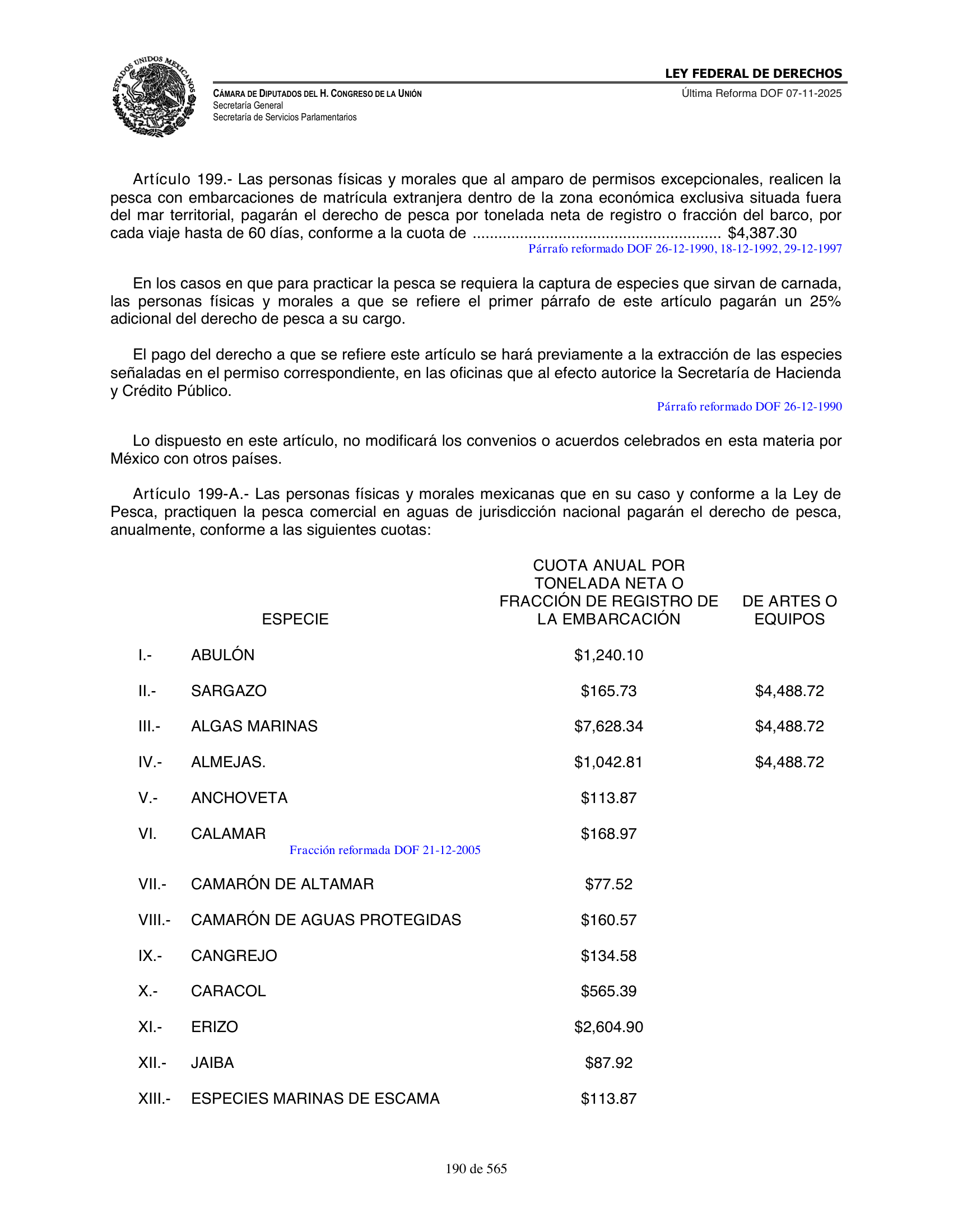 Ley Federal de Derechos — official Chamber compilation — original physical page 190 of 565; complete original page image governs, native search text may be incomplete.