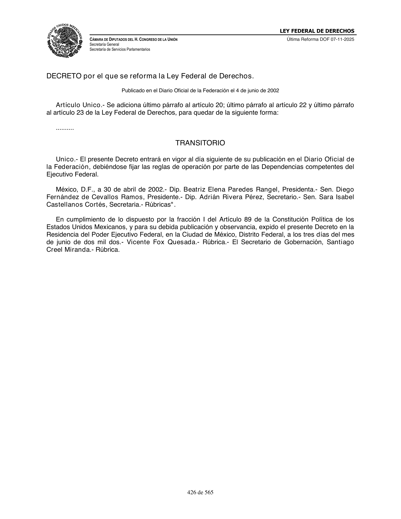 Ley Federal de Derechos — official Chamber compilation — original physical page 426 of 565; complete original page image governs, native search text may be incomplete.