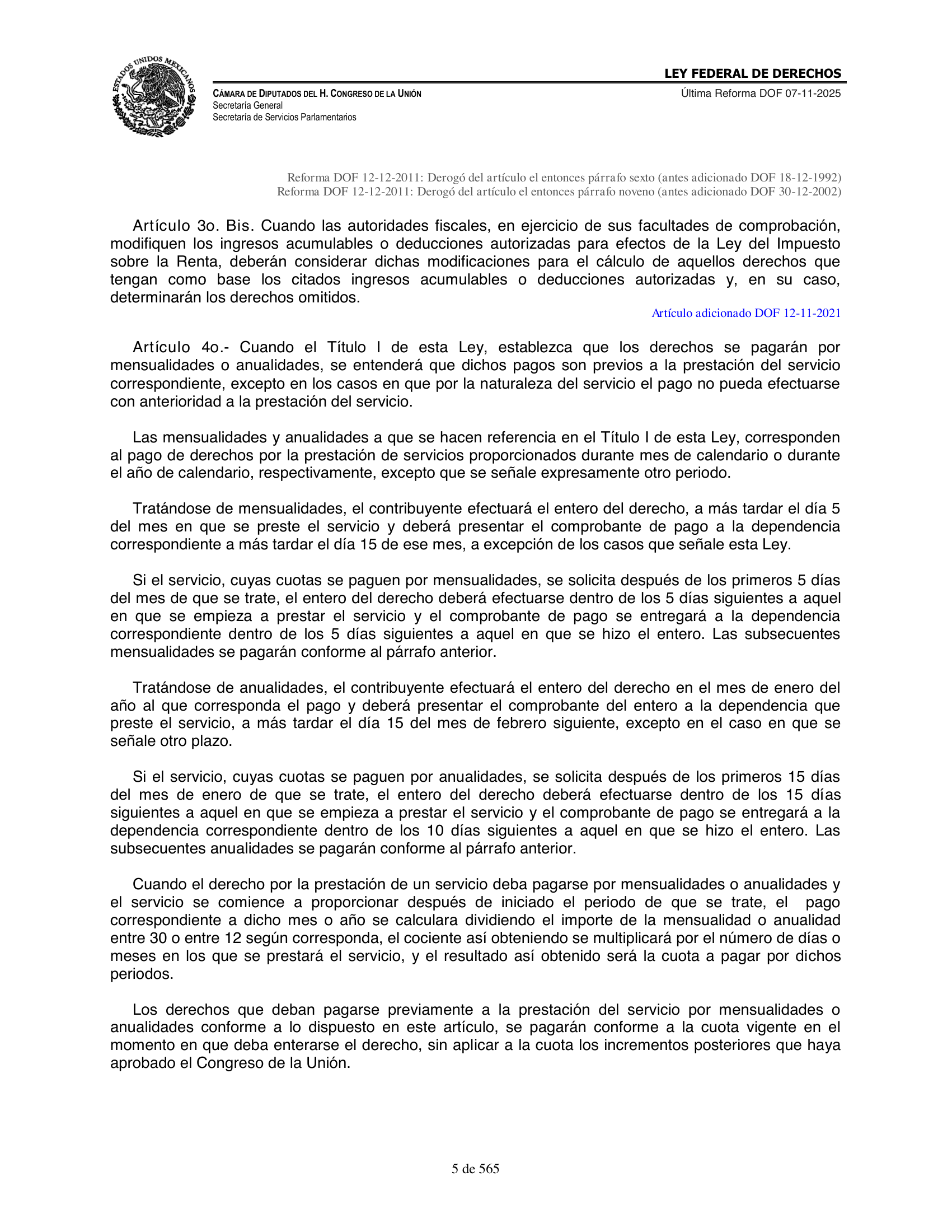 Ley Federal de Derechos — official Chamber compilation — original physical page 5 of 565; complete original page image governs, native search text may be incomplete.