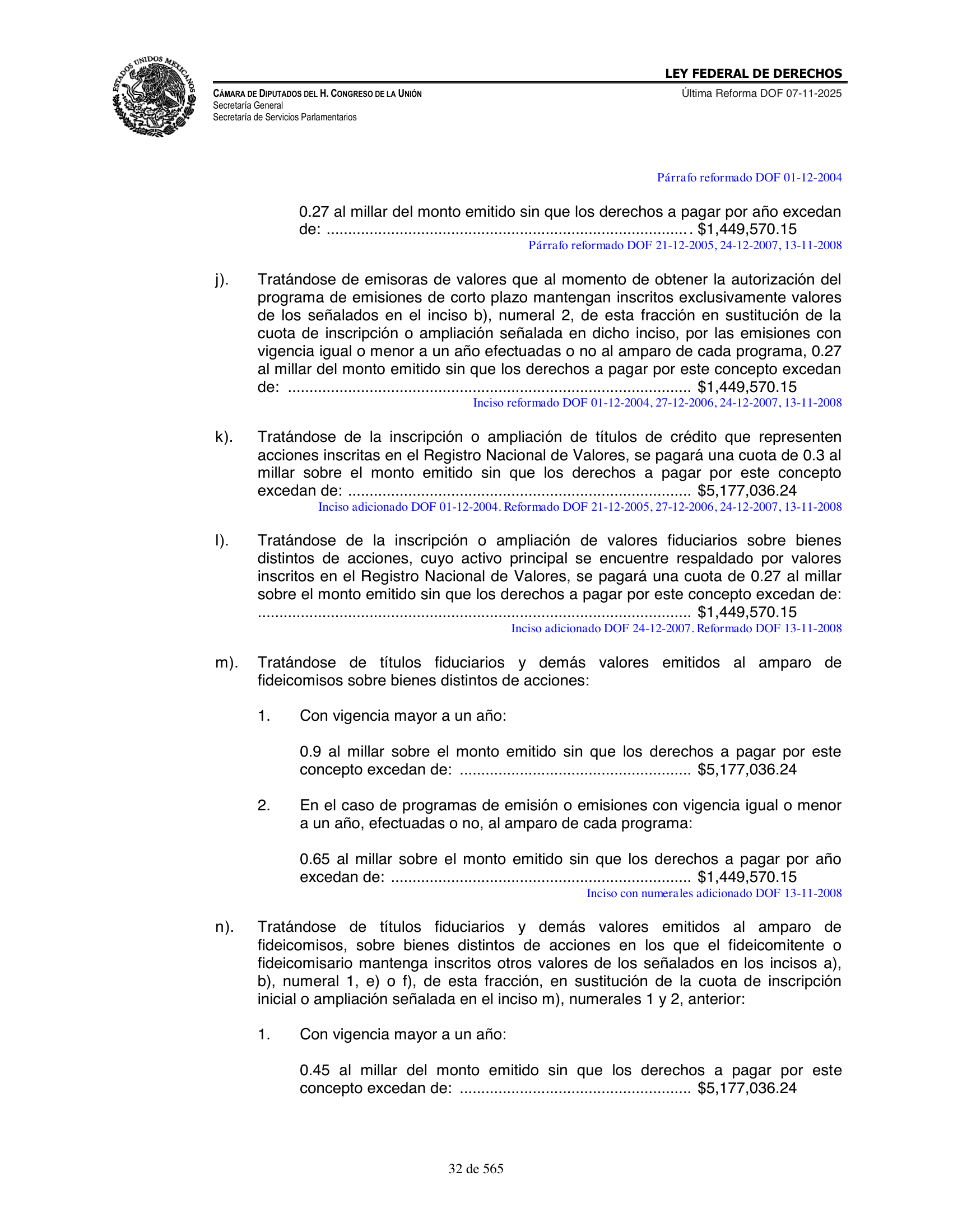 Ley Federal de Derechos — official Chamber compilation — original physical page 32 of 565; complete original page image governs, native search text may be incomplete.