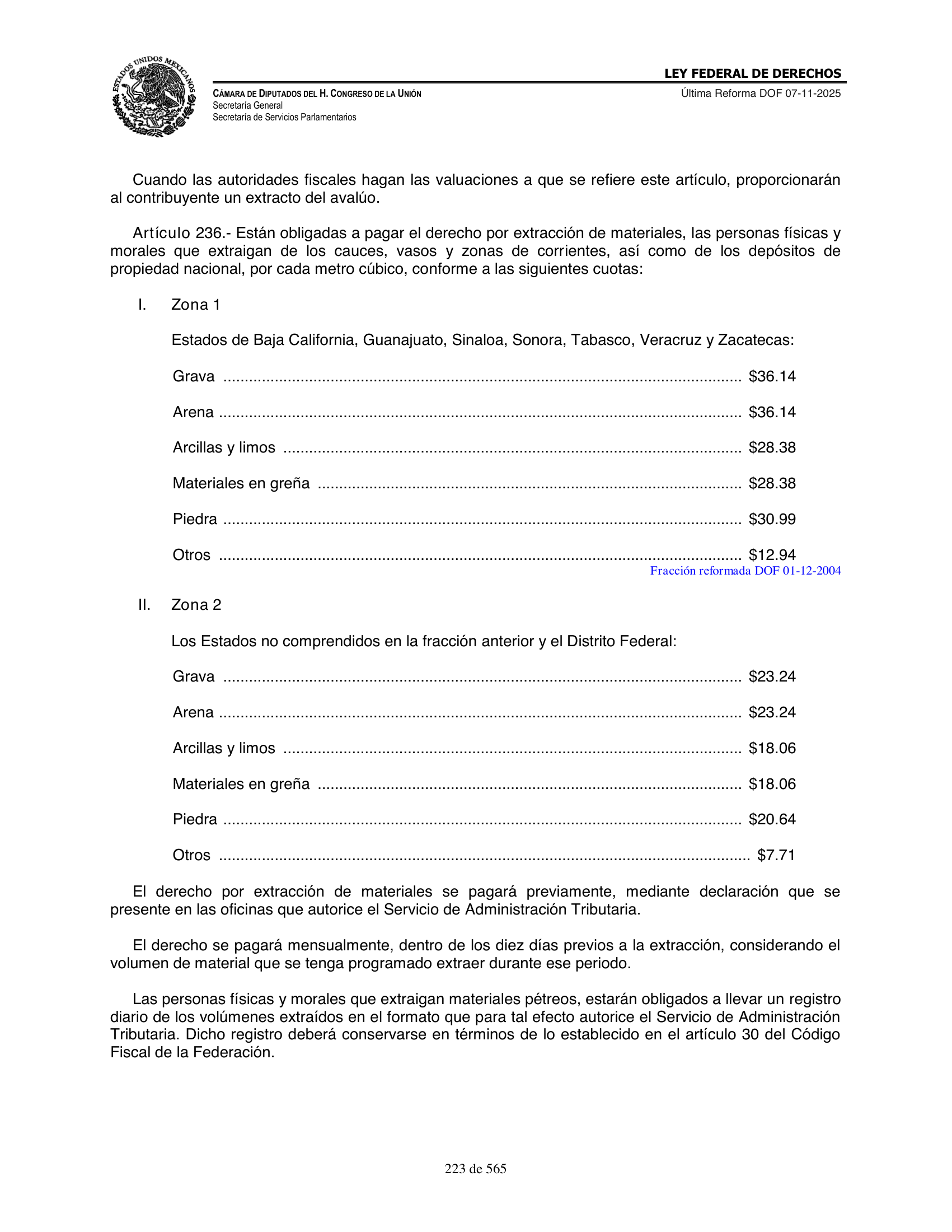 Ley Federal de Derechos — official Chamber compilation — original physical page 223 of 565; complete original page image governs, native search text may be incomplete.