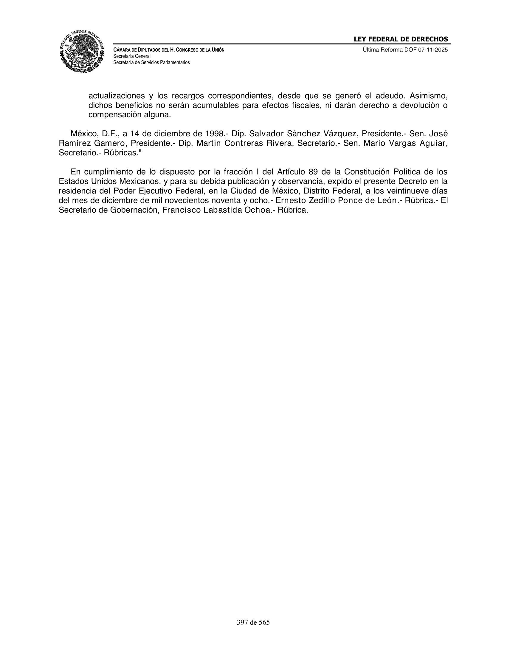 Ley Federal de Derechos — official Chamber compilation — original physical page 397 of 565; complete original page image governs, native search text may be incomplete.