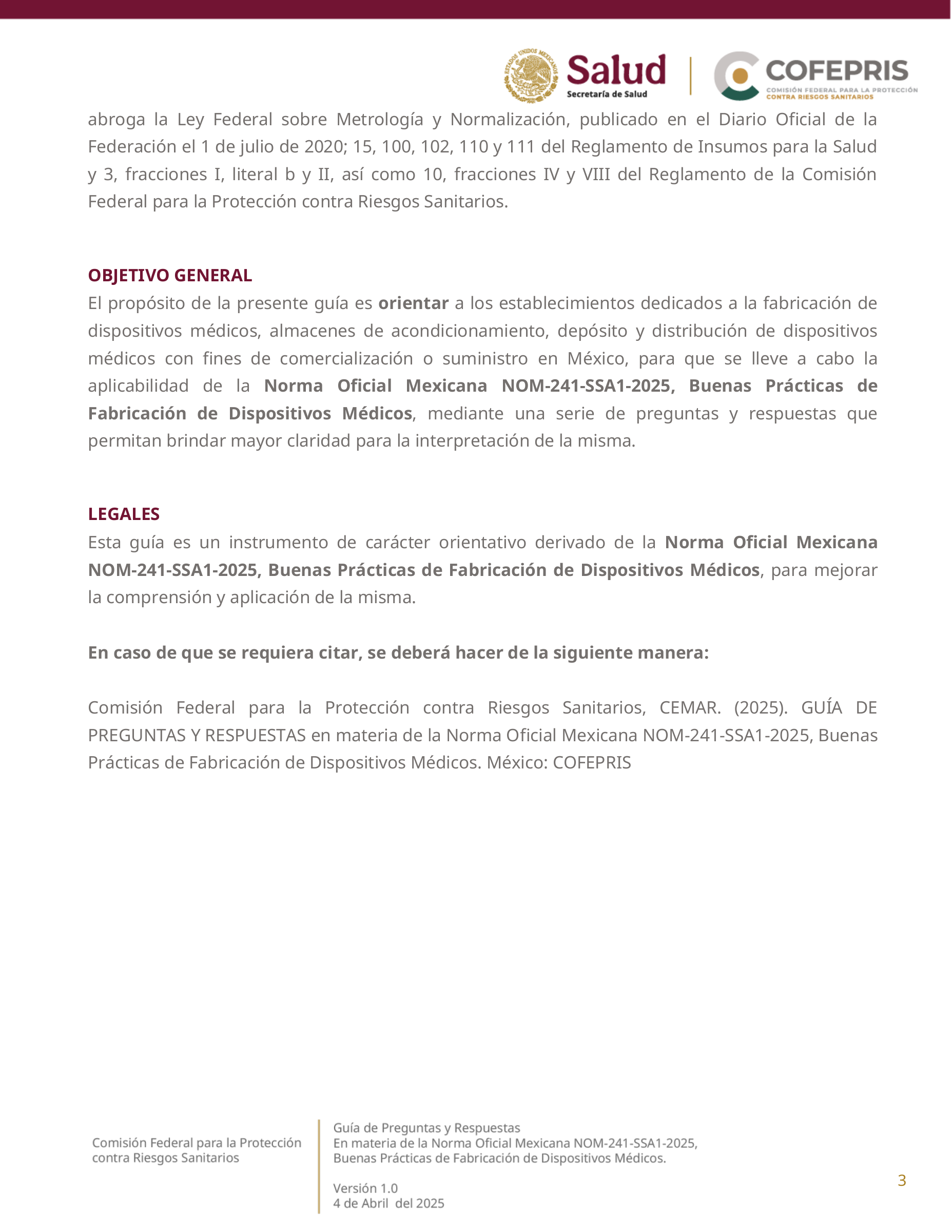 COFEPRIS NOM-241-SSA1-2025 questions and answers, version 1.0 — original physical PDF page 3; complete original page layout, table cells and figures retained.