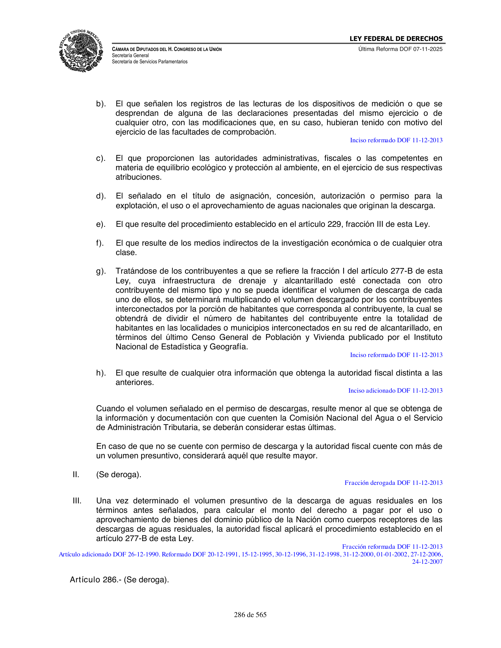Ley Federal de Derechos — official Chamber compilation — original physical page 286 of 565; complete original page image governs, native search text may be incomplete.