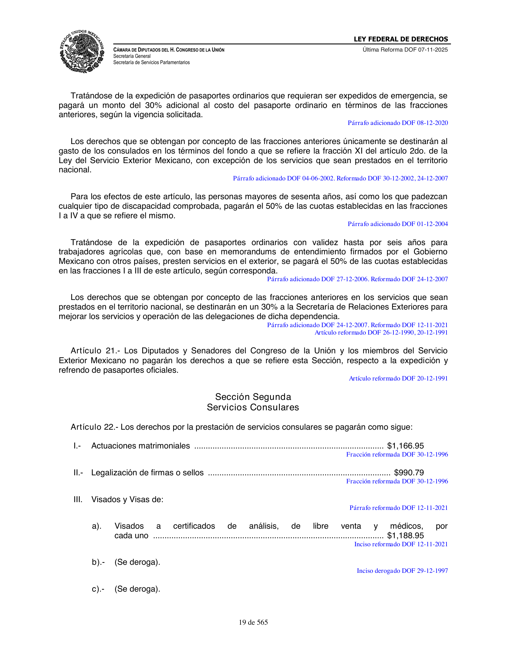 Ley Federal de Derechos — official Chamber compilation — original physical page 19 of 565; complete original page image governs, native search text may be incomplete.