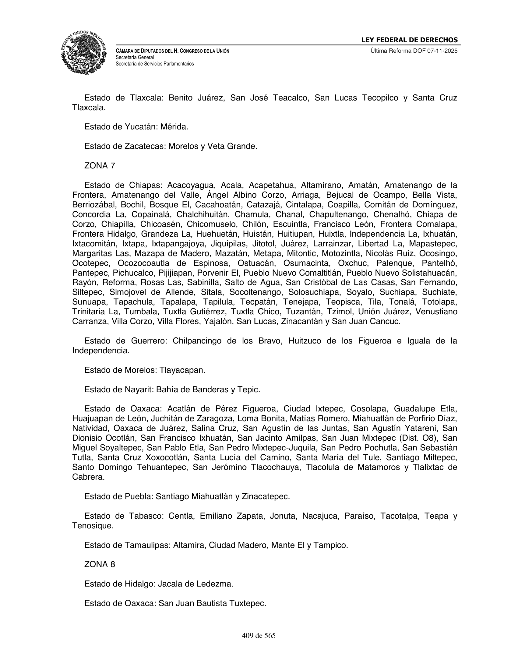 Ley Federal de Derechos — official Chamber compilation — original physical page 409 of 565; complete original page image governs, native search text may be incomplete.