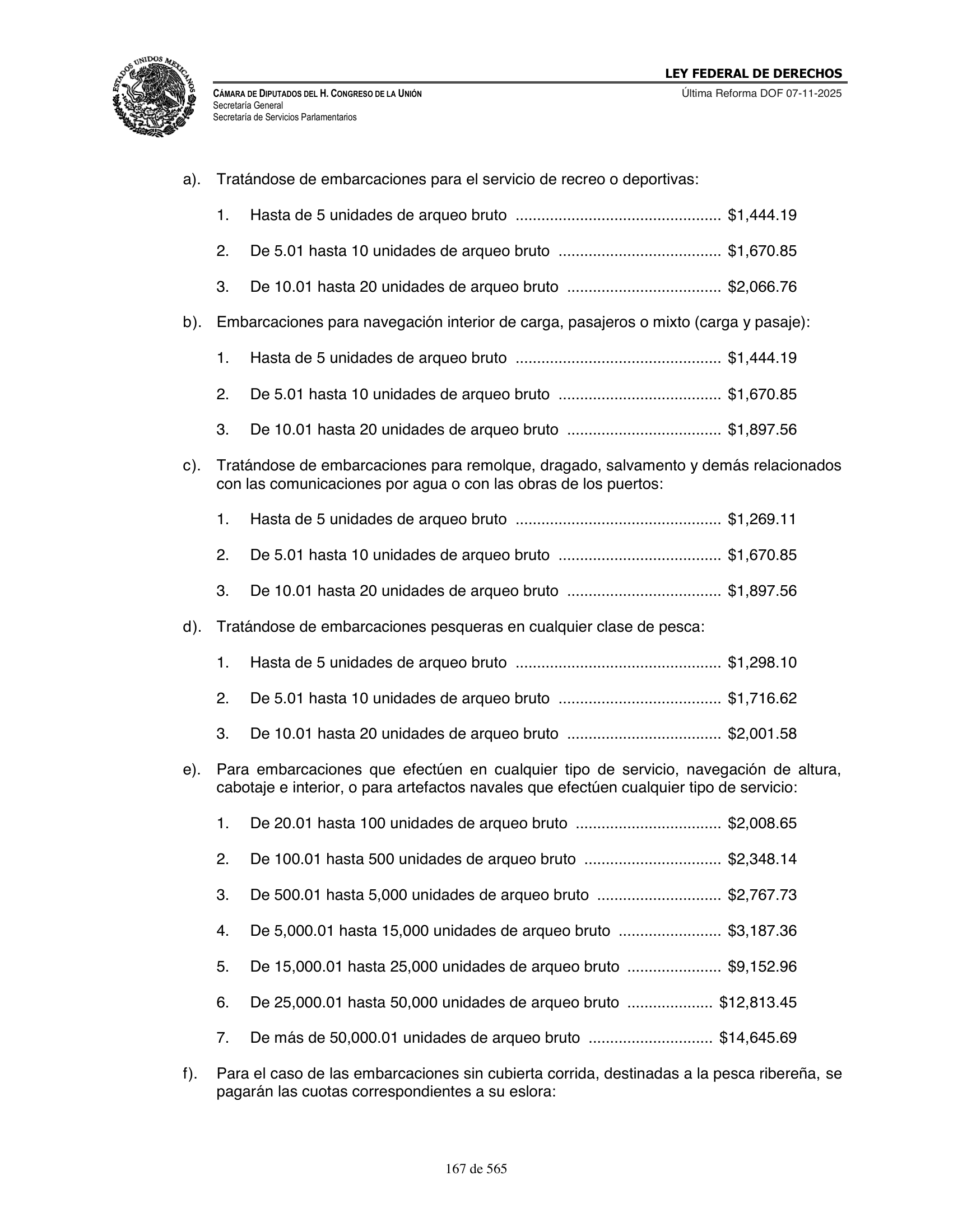 Ley Federal de Derechos — official Chamber compilation — original physical page 167 of 565; complete original page image governs, native search text may be incomplete.