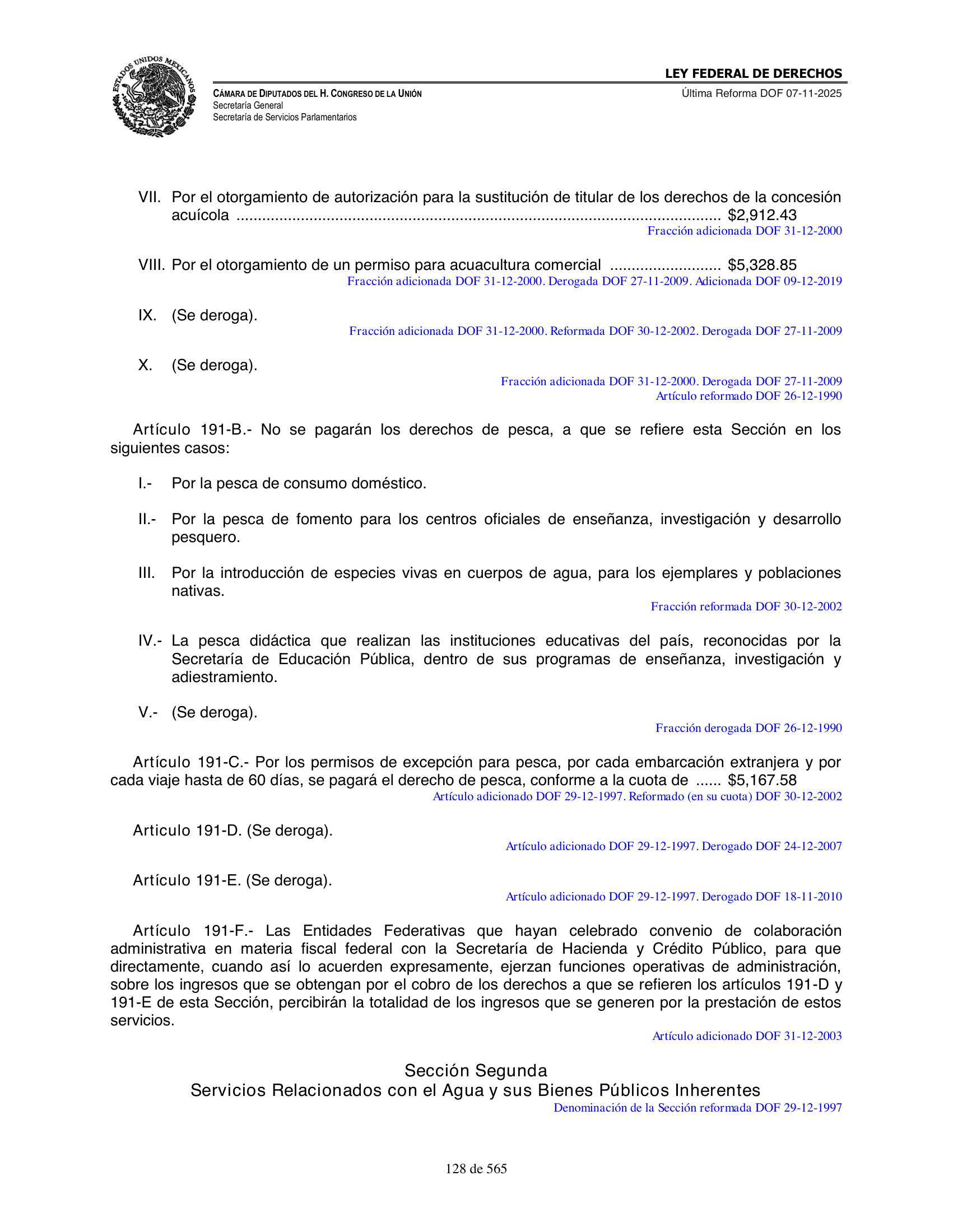 Ley Federal de Derechos — official Chamber compilation — original physical page 128 of 565; complete original page image governs, native search text may be incomplete.