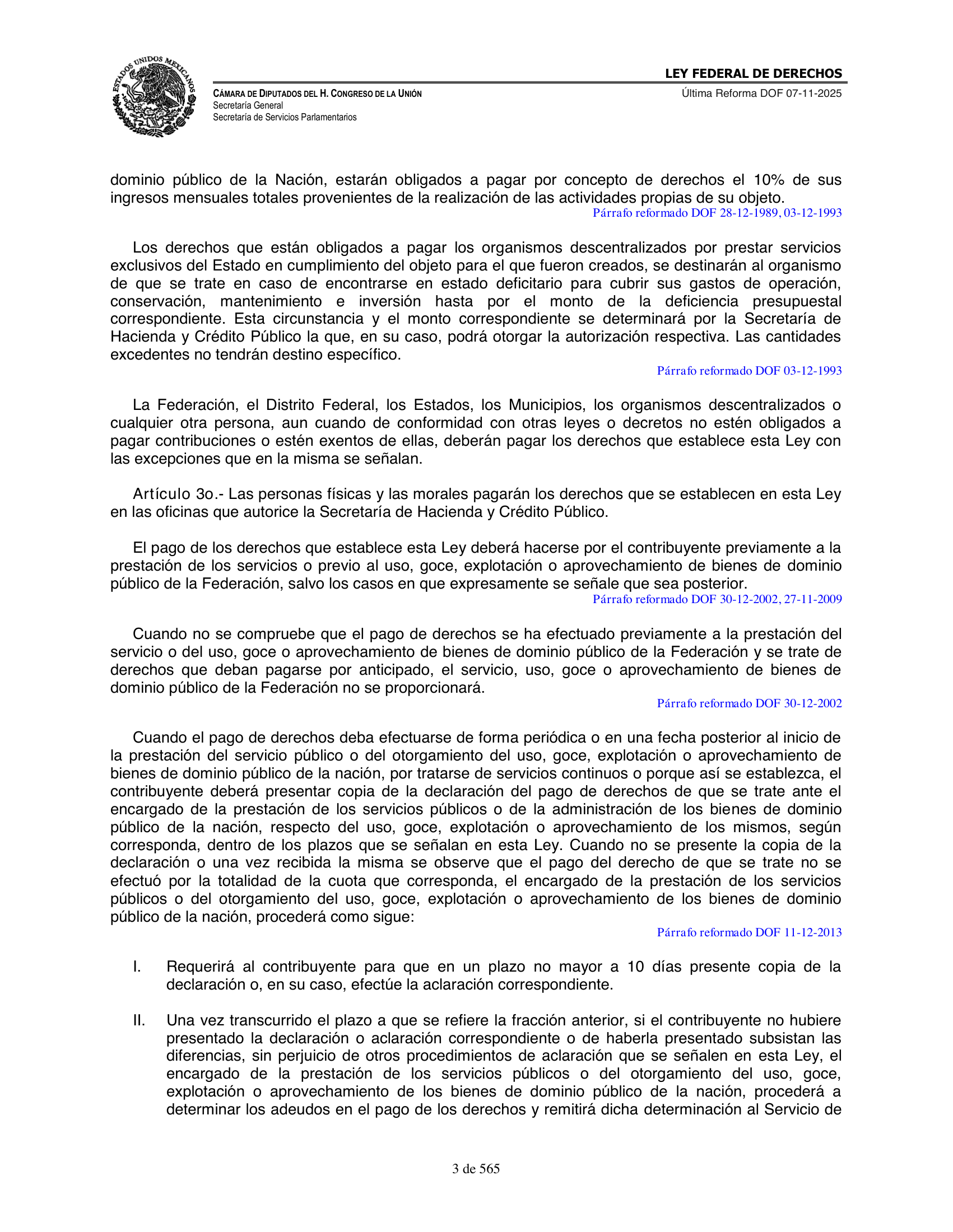 Ley Federal de Derechos — official Chamber compilation — original physical page 3 of 565; complete original page image governs, native search text may be incomplete.