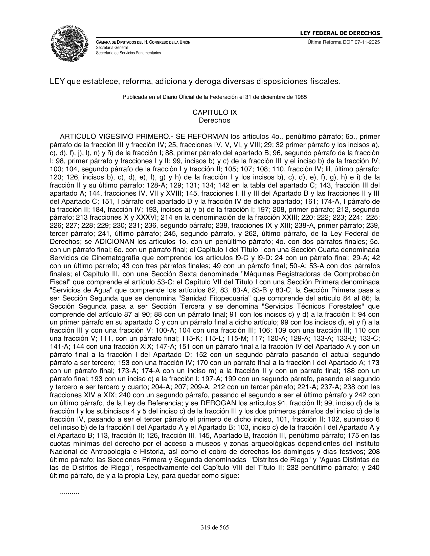 Ley Federal de Derechos — official Chamber compilation — original physical page 319 of 565; complete original page image governs, native search text may be incomplete.