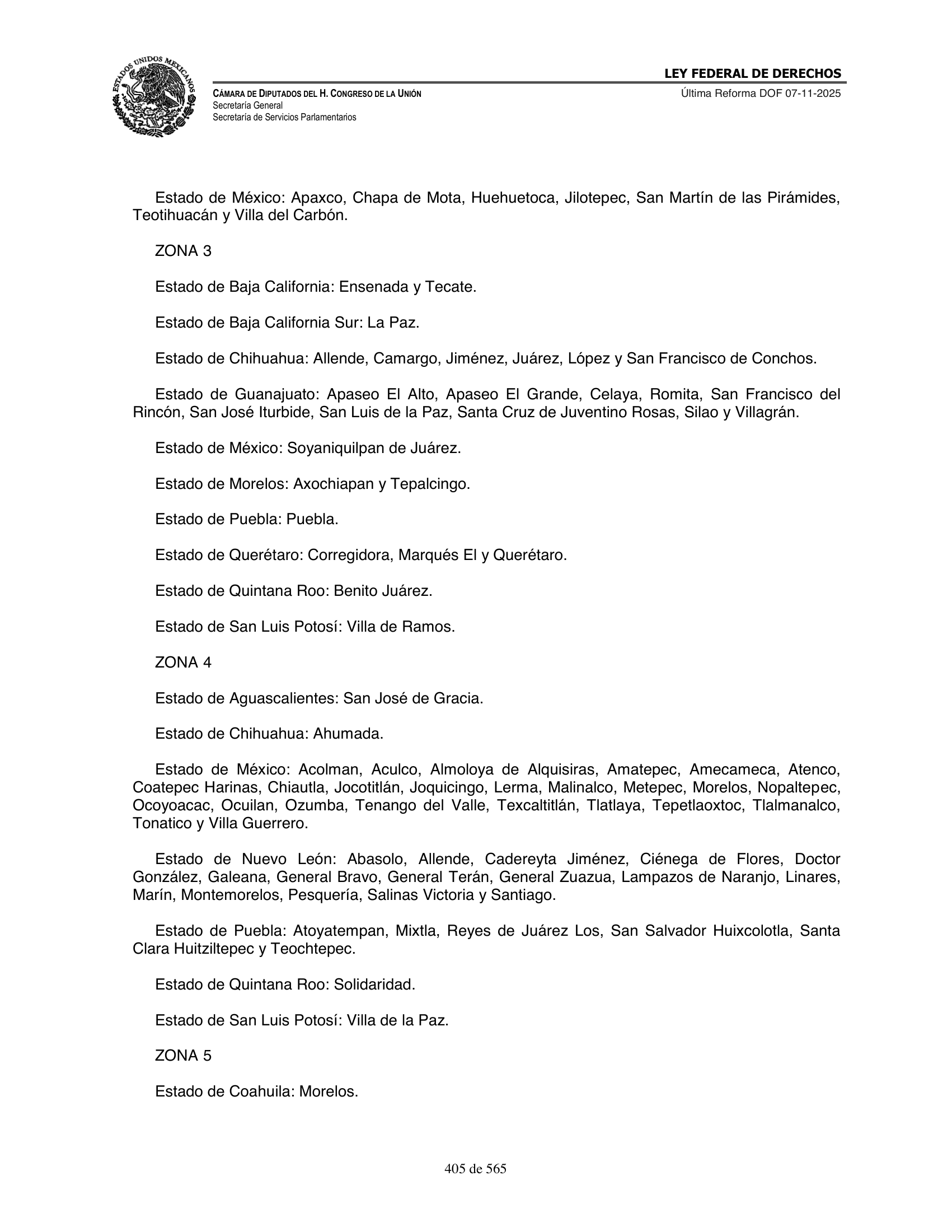 Ley Federal de Derechos — official Chamber compilation — original physical page 405 of 565; complete original page image governs, native search text may be incomplete.