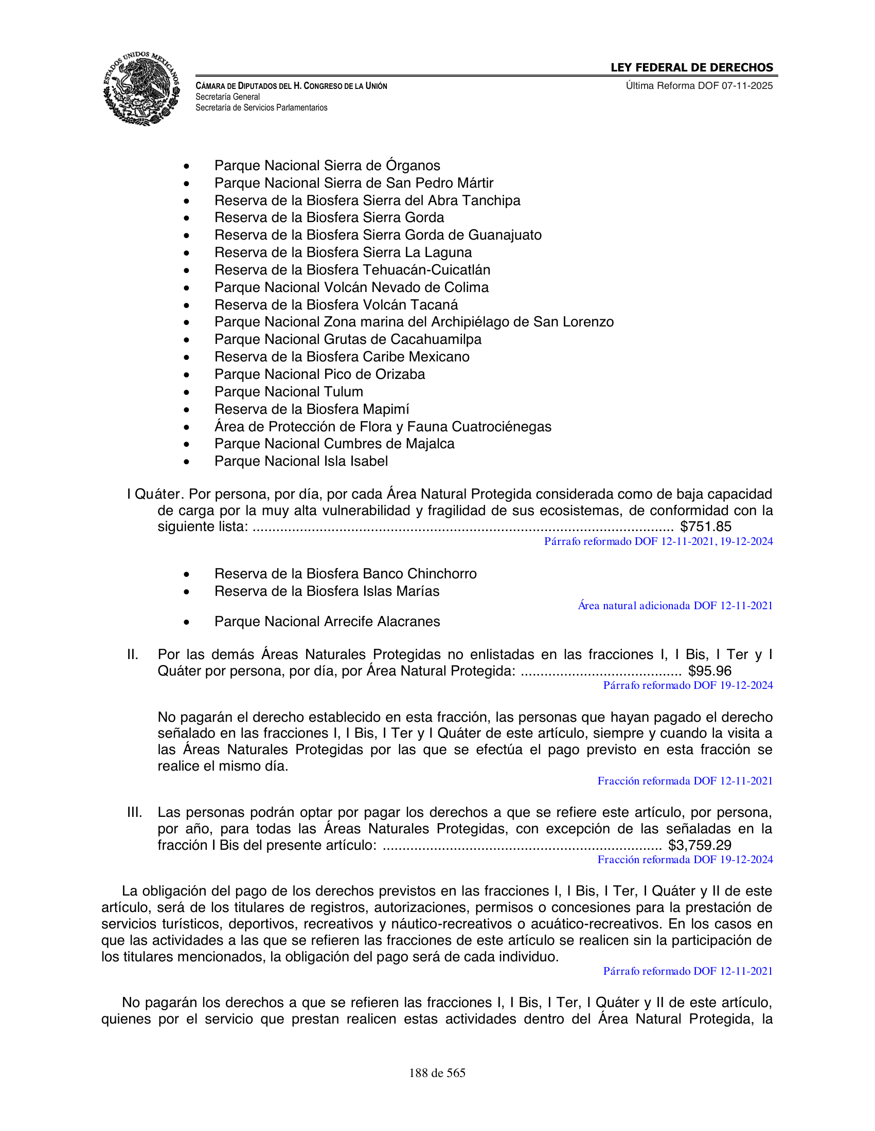Ley Federal de Derechos — official Chamber compilation — original physical page 188 of 565; complete original page image governs, native search text may be incomplete.