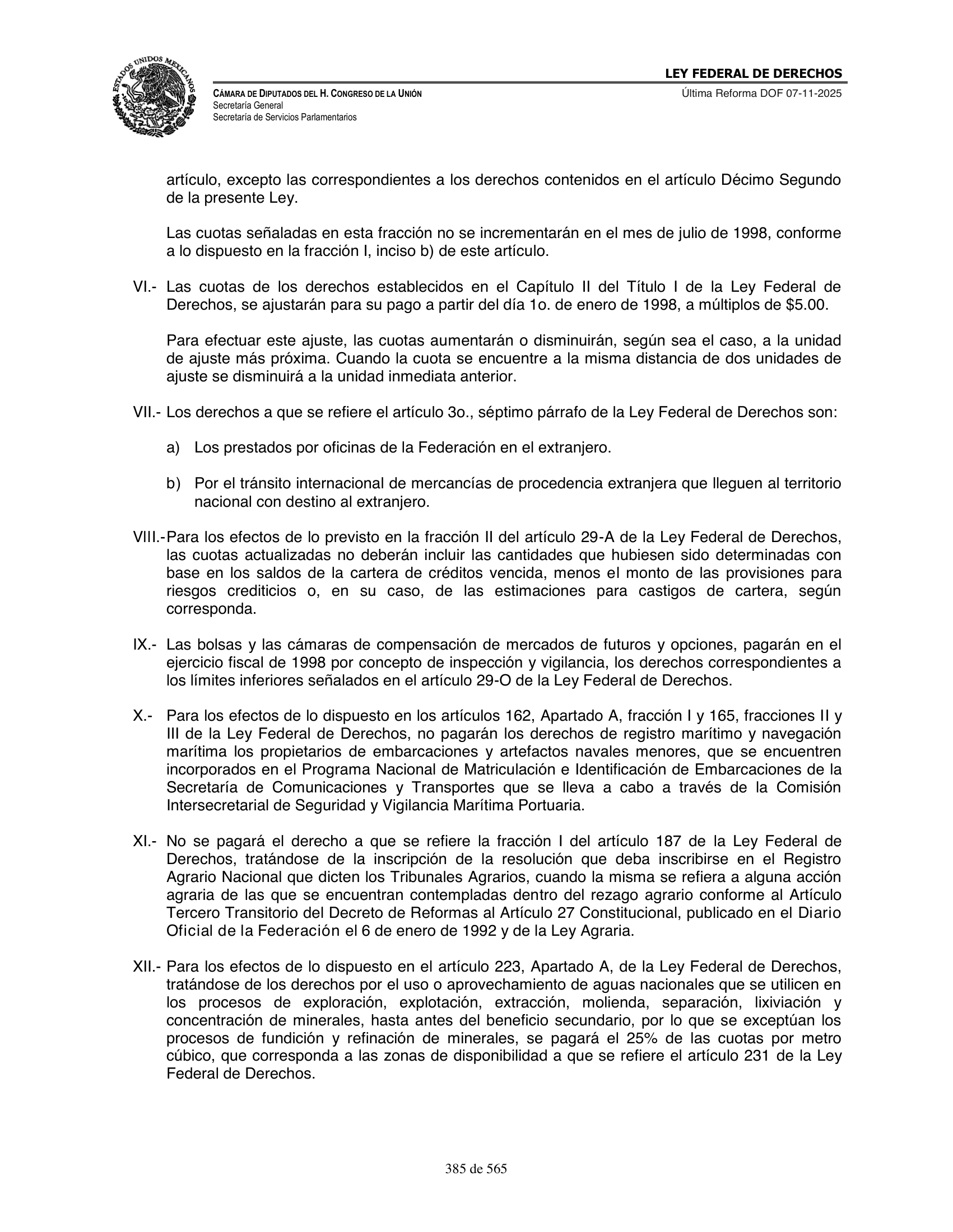 Ley Federal de Derechos — official Chamber compilation — original physical page 385 of 565; complete original page image governs, native search text may be incomplete.