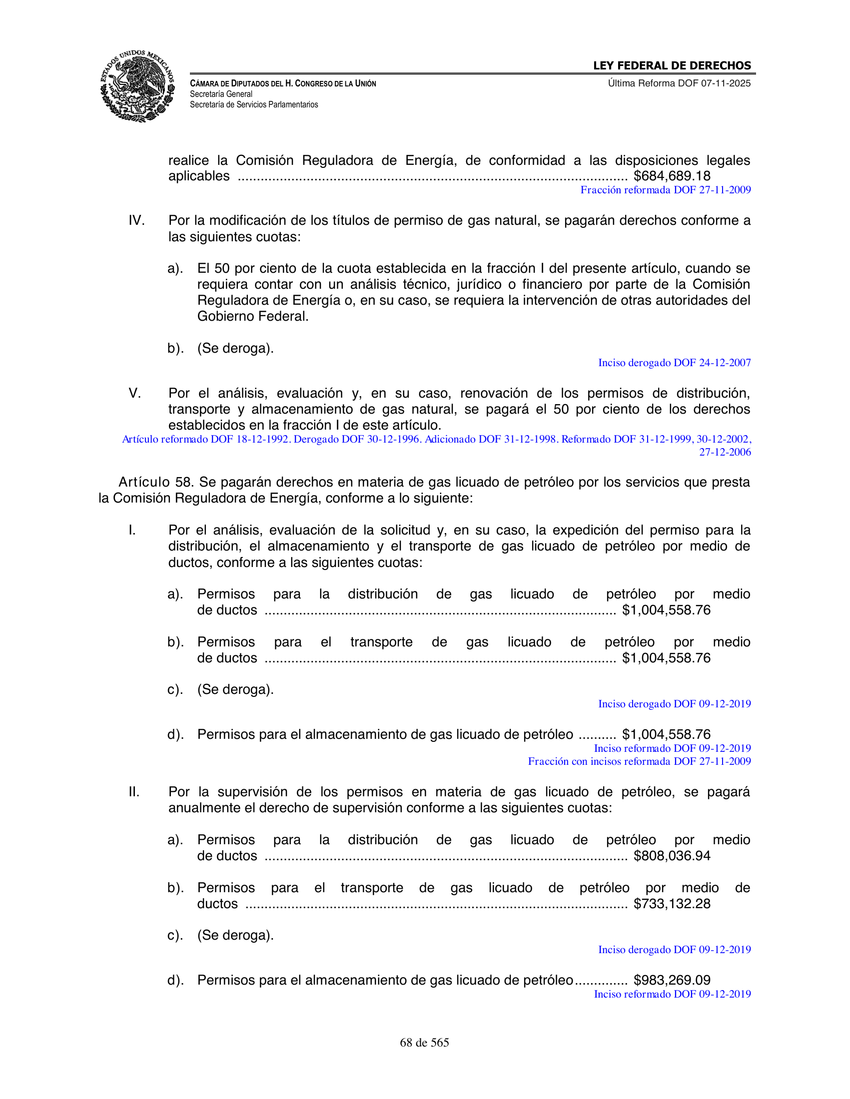 Ley Federal de Derechos — official Chamber compilation — original physical page 68 of 565; complete original page image governs, native search text may be incomplete.