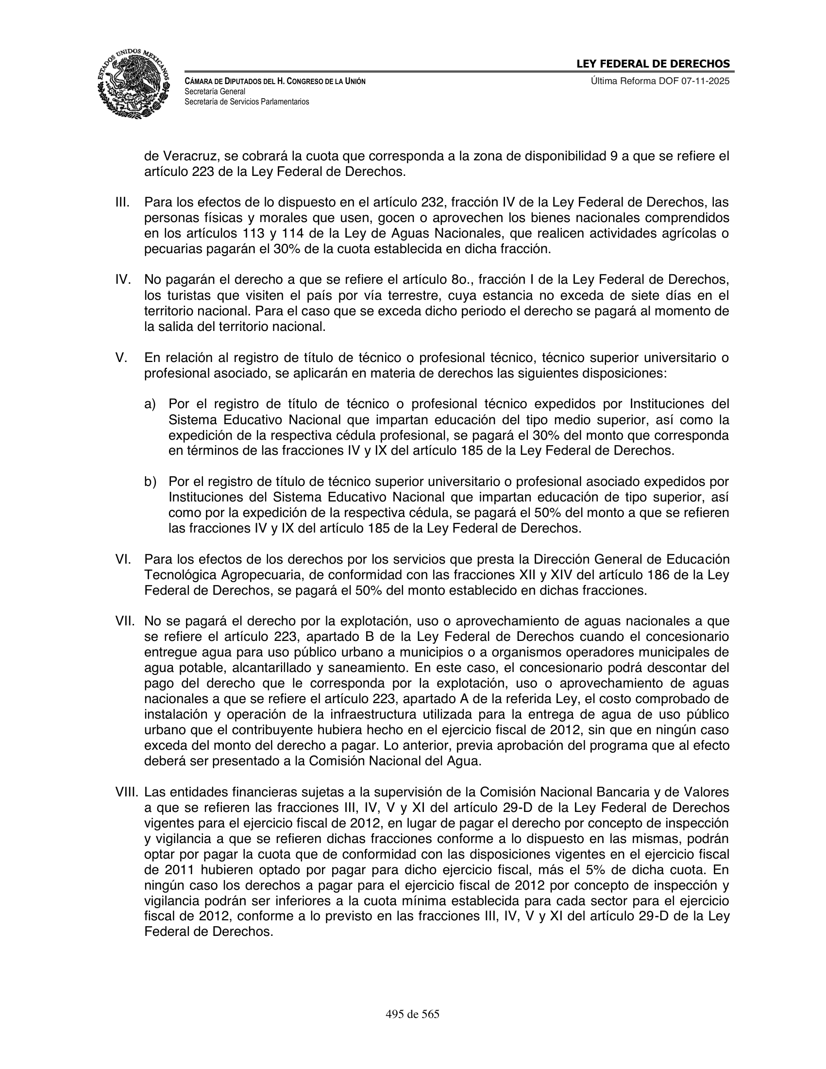 Ley Federal de Derechos — official Chamber compilation — original physical page 495 of 565; complete original page image governs, native search text may be incomplete.