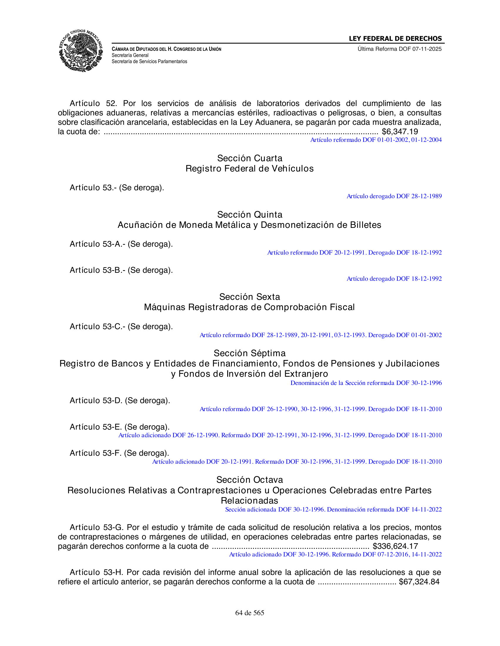 Ley Federal de Derechos — official Chamber compilation — original physical page 64 of 565; complete original page image governs, native search text may be incomplete.