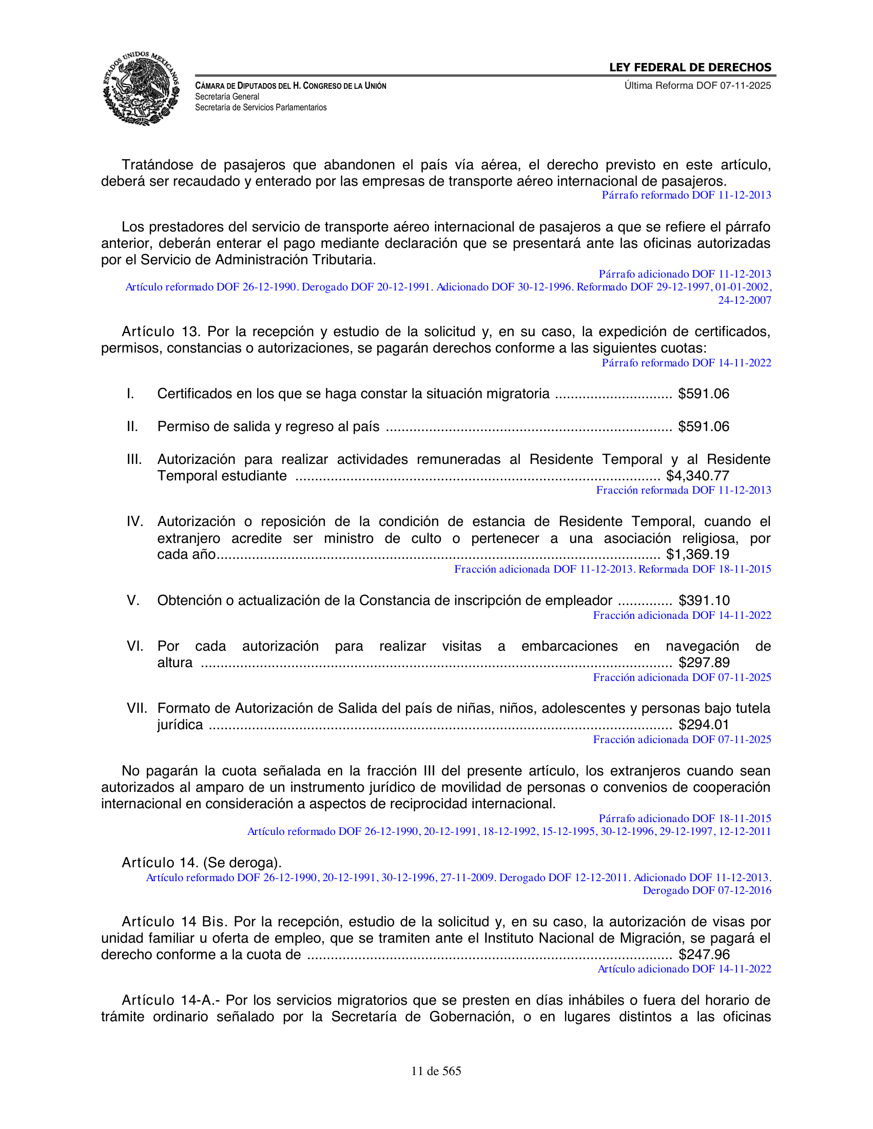 Ley Federal de Derechos — official Chamber compilation — original physical page 11 of 565; complete original page image governs, native search text may be incomplete.