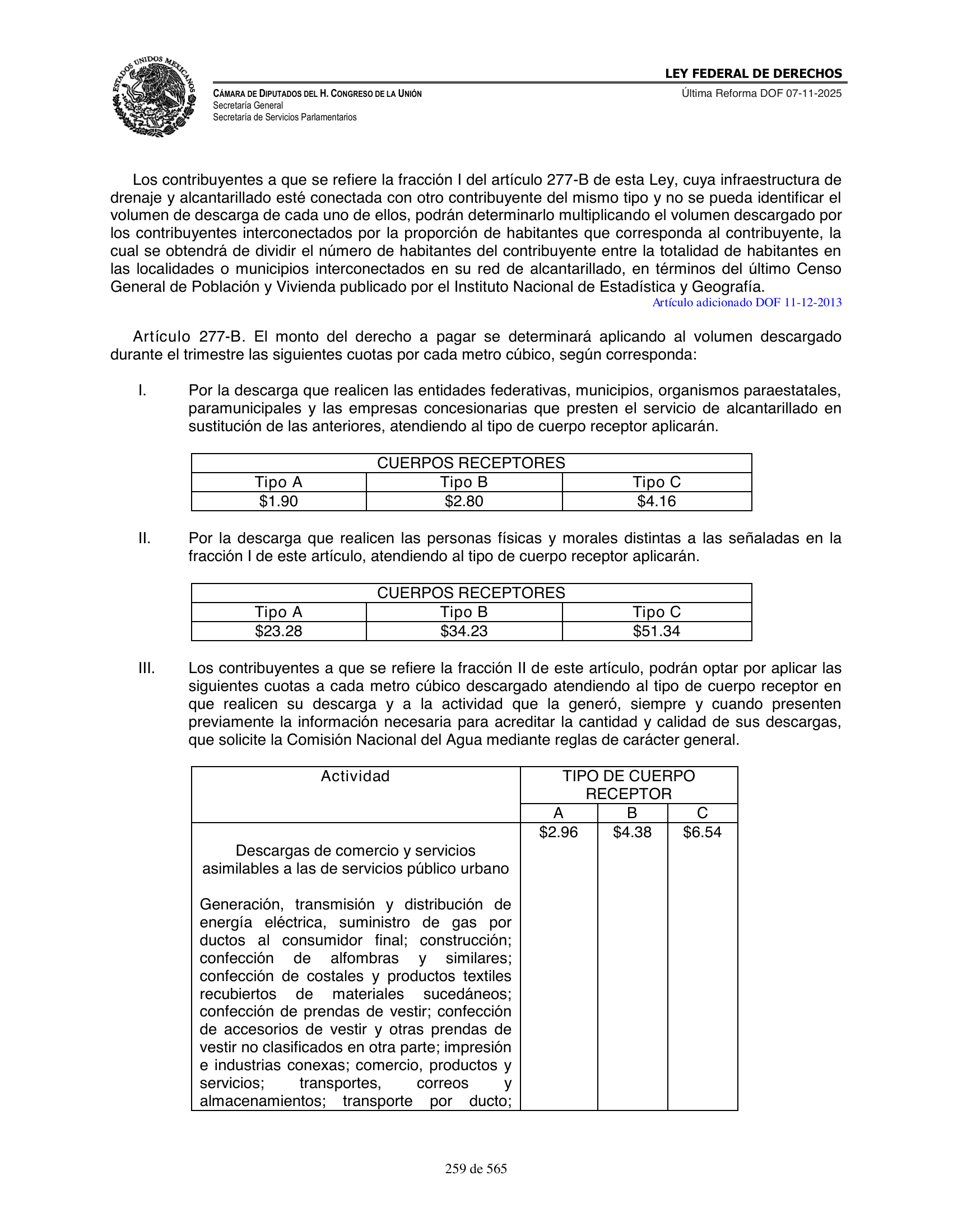 Ley Federal de Derechos — official Chamber compilation — original physical page 259 of 565; complete original page image governs, native search text may be incomplete.