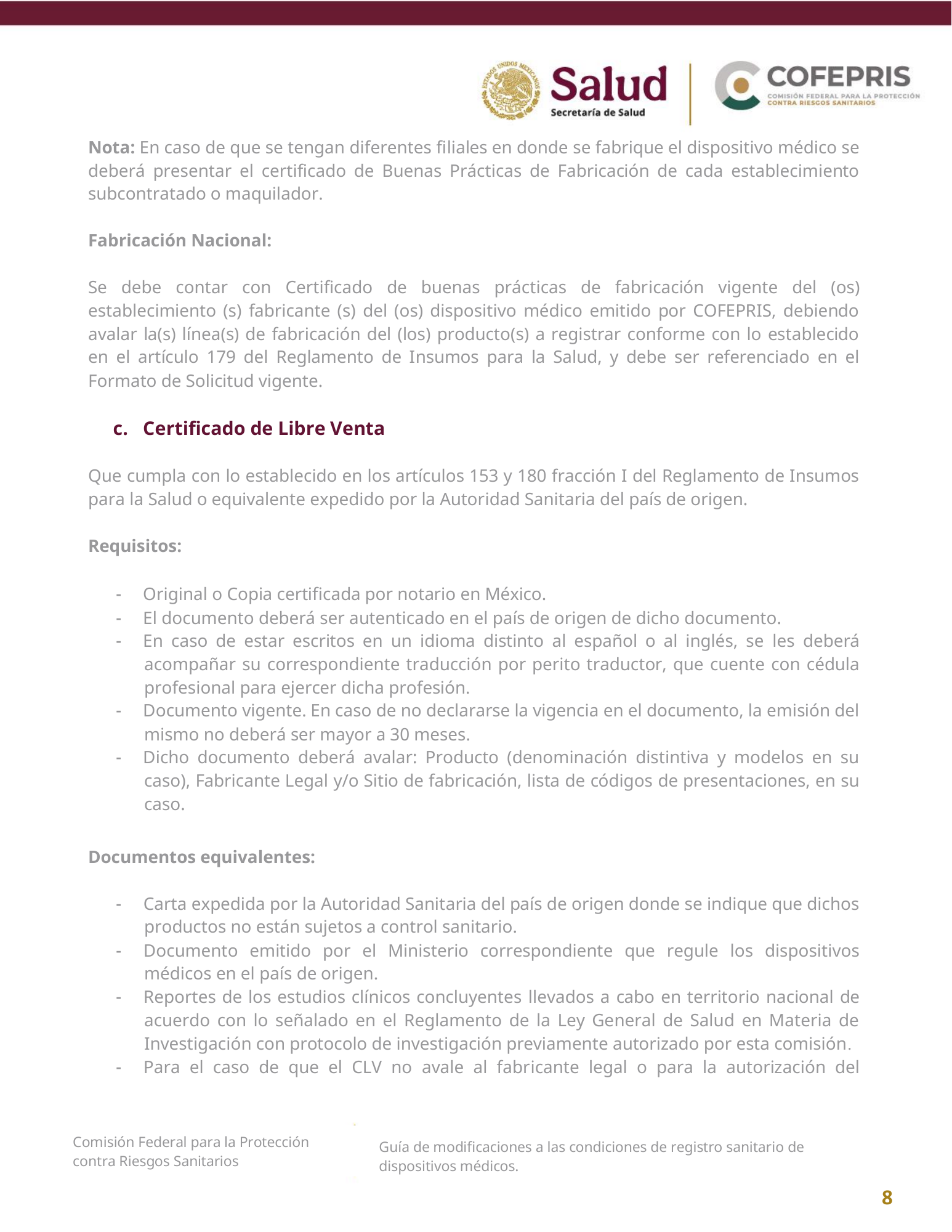 COFEPRIS — Guía de modificaciones de dispositivos médicos, diciembre 2025 — official PDF page 8