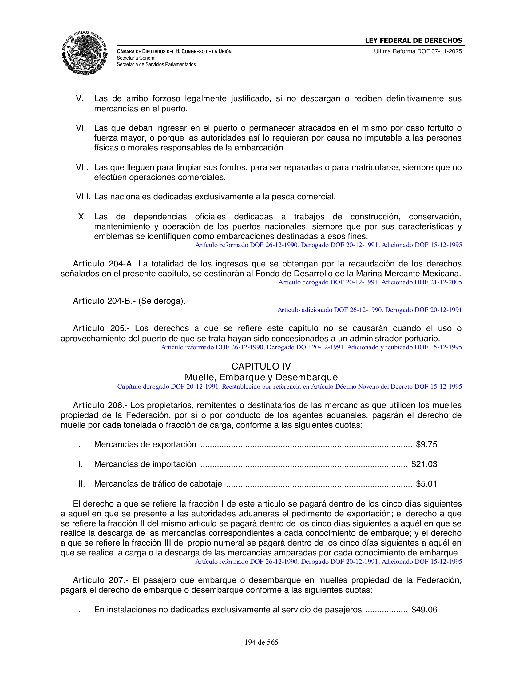 Ley Federal de Derechos — official Chamber compilation — original physical page 194 of 565; complete original page image governs, native search text may be incomplete.