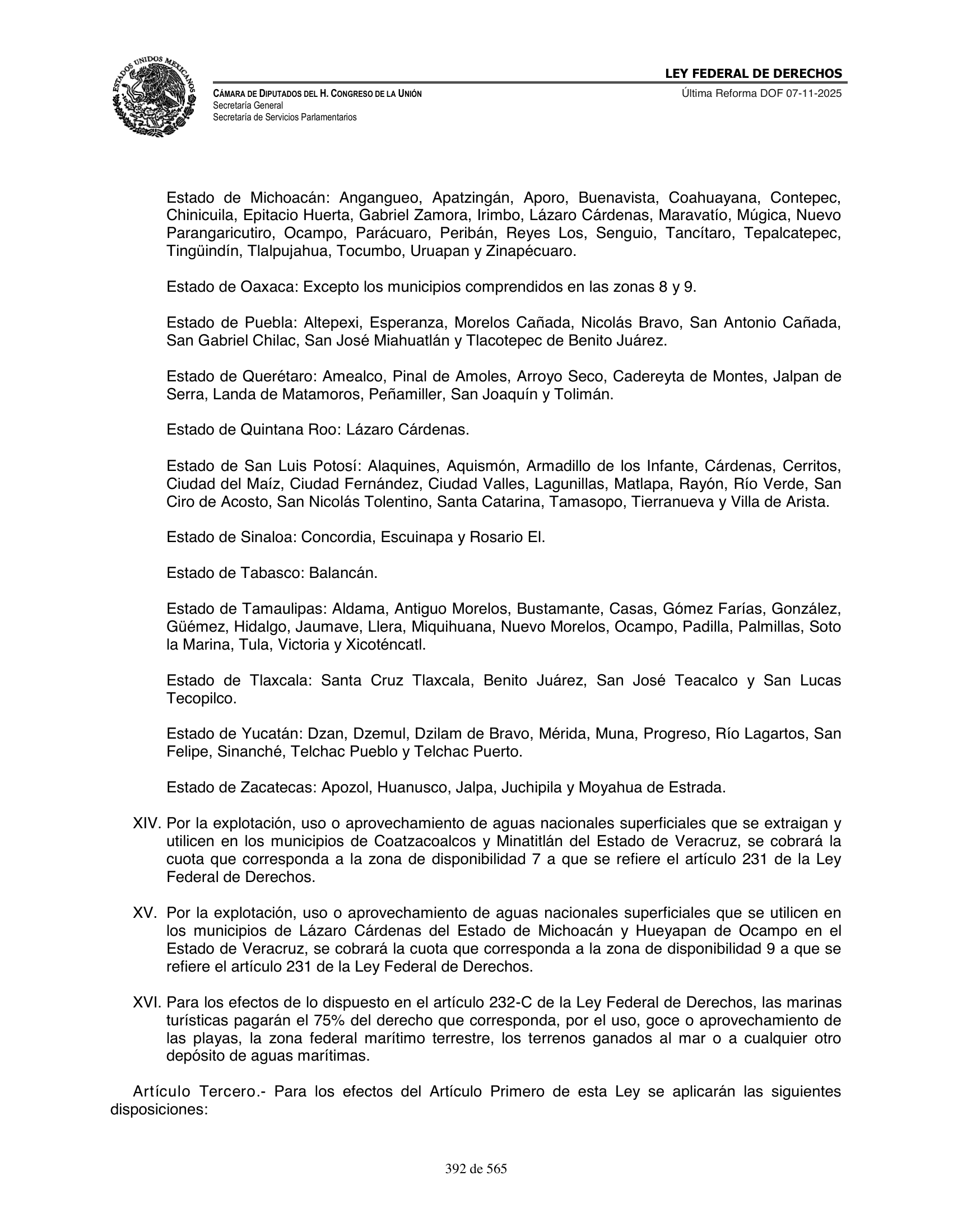 Ley Federal de Derechos — official Chamber compilation — original physical page 392 of 565; complete original page image governs, native search text may be incomplete.
