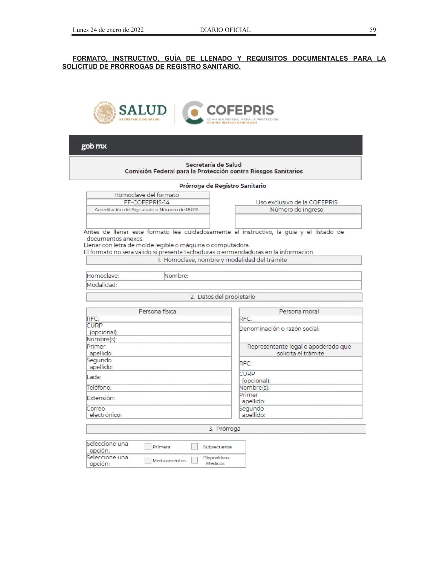 COFEPRIS procedures/forms amendment, DOF 24 January 2022 — original physical PDF page 24; complete page image is authoritative.